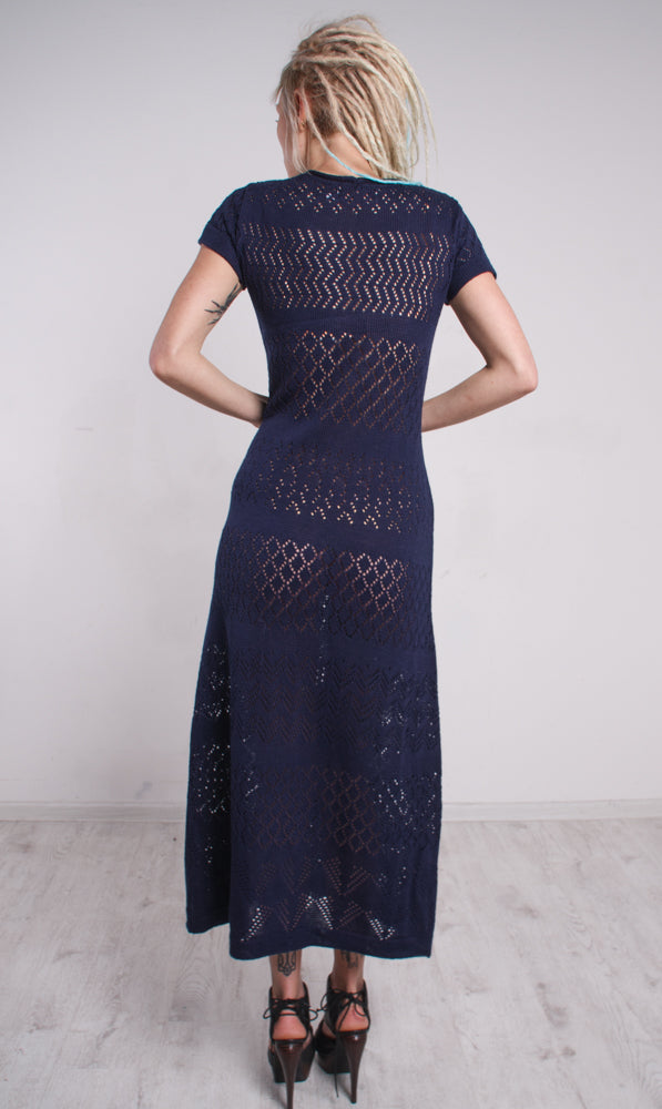 Dark Blue Crochet Maxi Dress – Navy Lace Knit Long Evening Gown