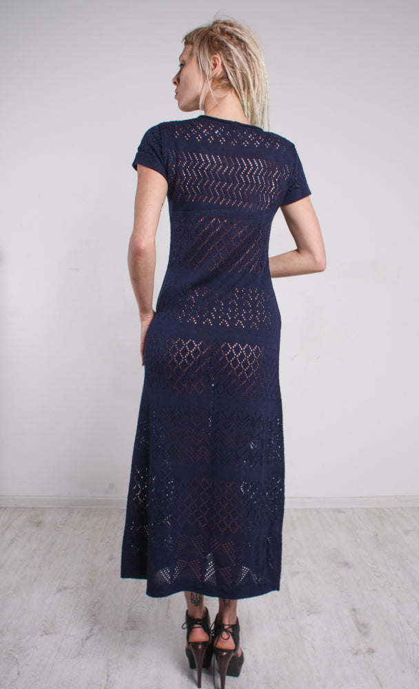 Dark Blue Crochet Maxi Dress – Navy Lace Knit Long Evening Gown