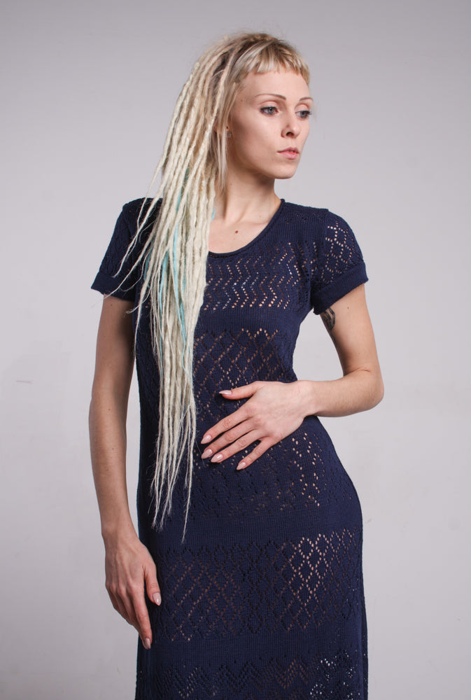 Dark Blue Crochet Maxi Dress – Navy Lace Knit Long Evening Gown