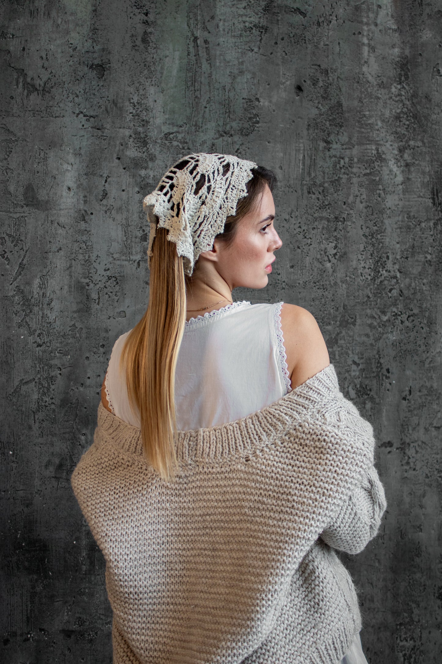 Crochet Hemp Summer Bandana – Handmade Ivory Headscarf, Boho Kerchief for Women and Girls
