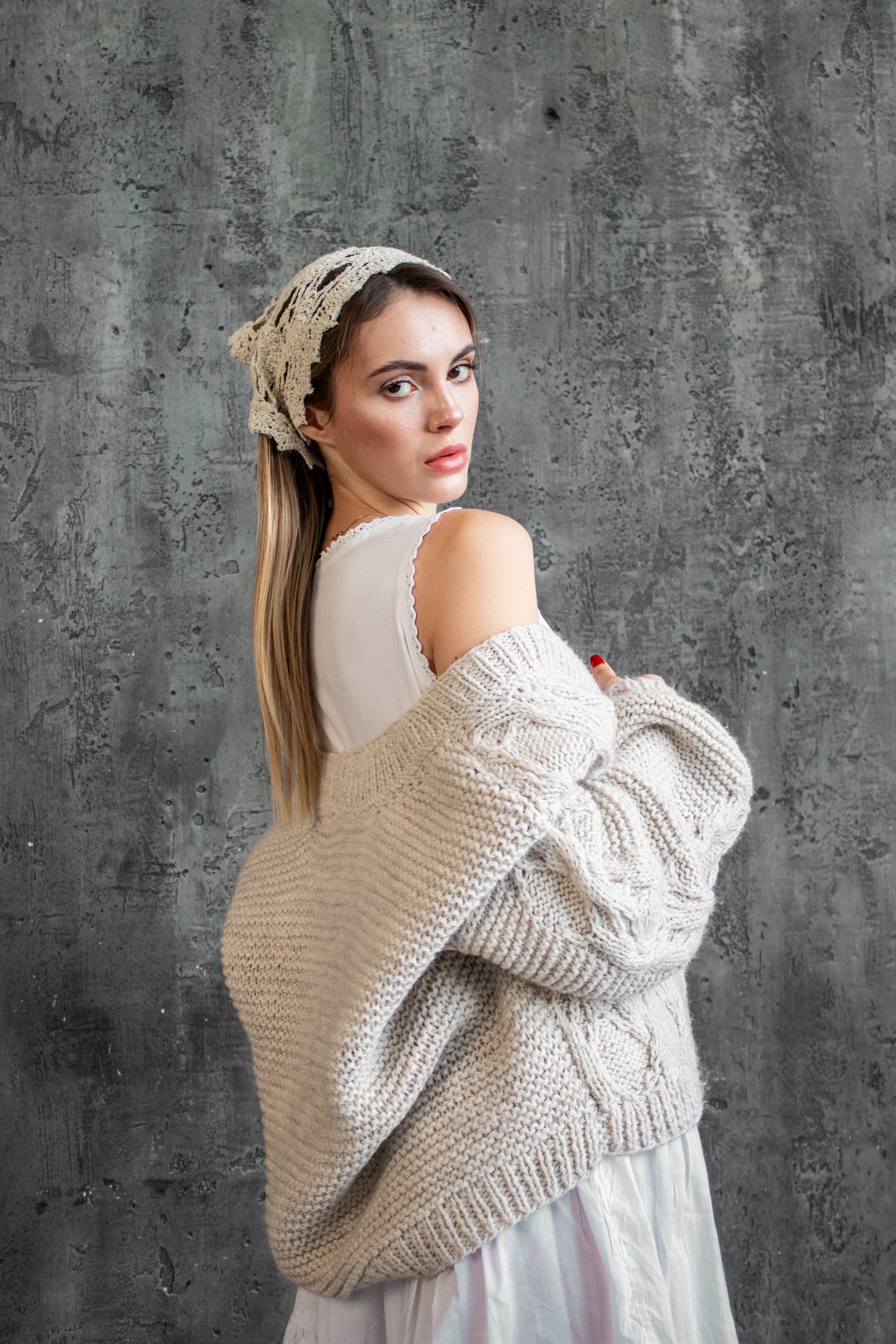 Crochet Hemp Summer Bandana – Handmade Ivory Headscarf, Boho Kerchief for Women and Girls