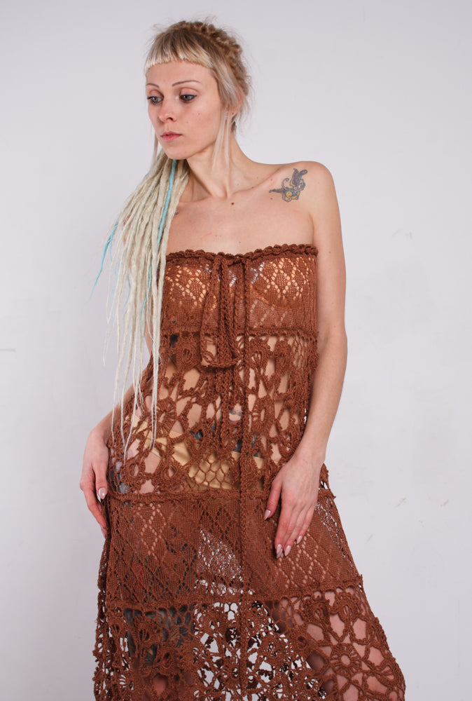 Handmade Brown Crochet Linen Maxi Dress – Boho Beach Lacy Sundress with Lining