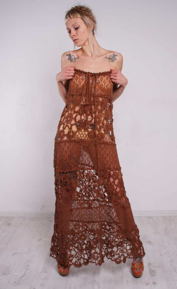 Handmade Brown Crochet Linen Maxi Dress – Boho Beach Lacy Sundress with Lining