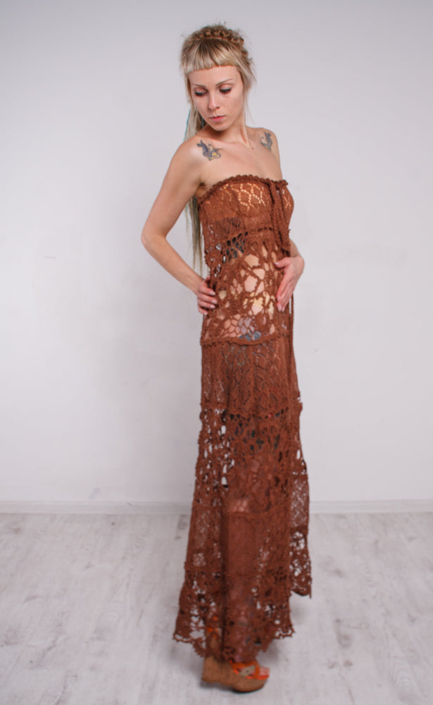 Handmade Brown Crochet Linen Maxi Dress – Boho Beach Lacy Sundress with Lining
