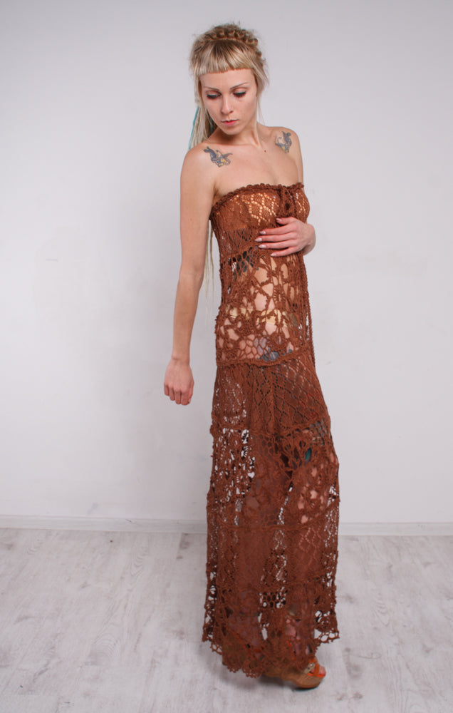 Handmade Brown Crochet Linen Maxi Dress – Boho Beach Lacy Sundress with Lining