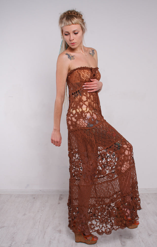 Handmade Brown Crochet Linen Maxi Dress – Boho Beach Lacy Sundress with Lining
