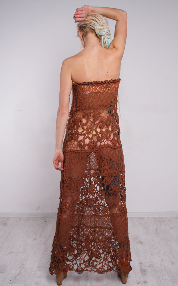 Handmade Brown Crochet Linen Maxi Dress – Boho Beach Lacy Sundress with Lining
