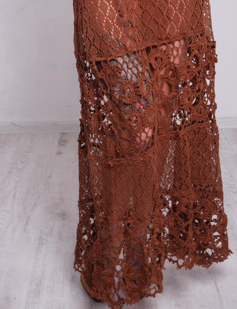 Handmade Brown Crochet Linen Maxi Dress – Boho Beach Lacy Sundress with Lining