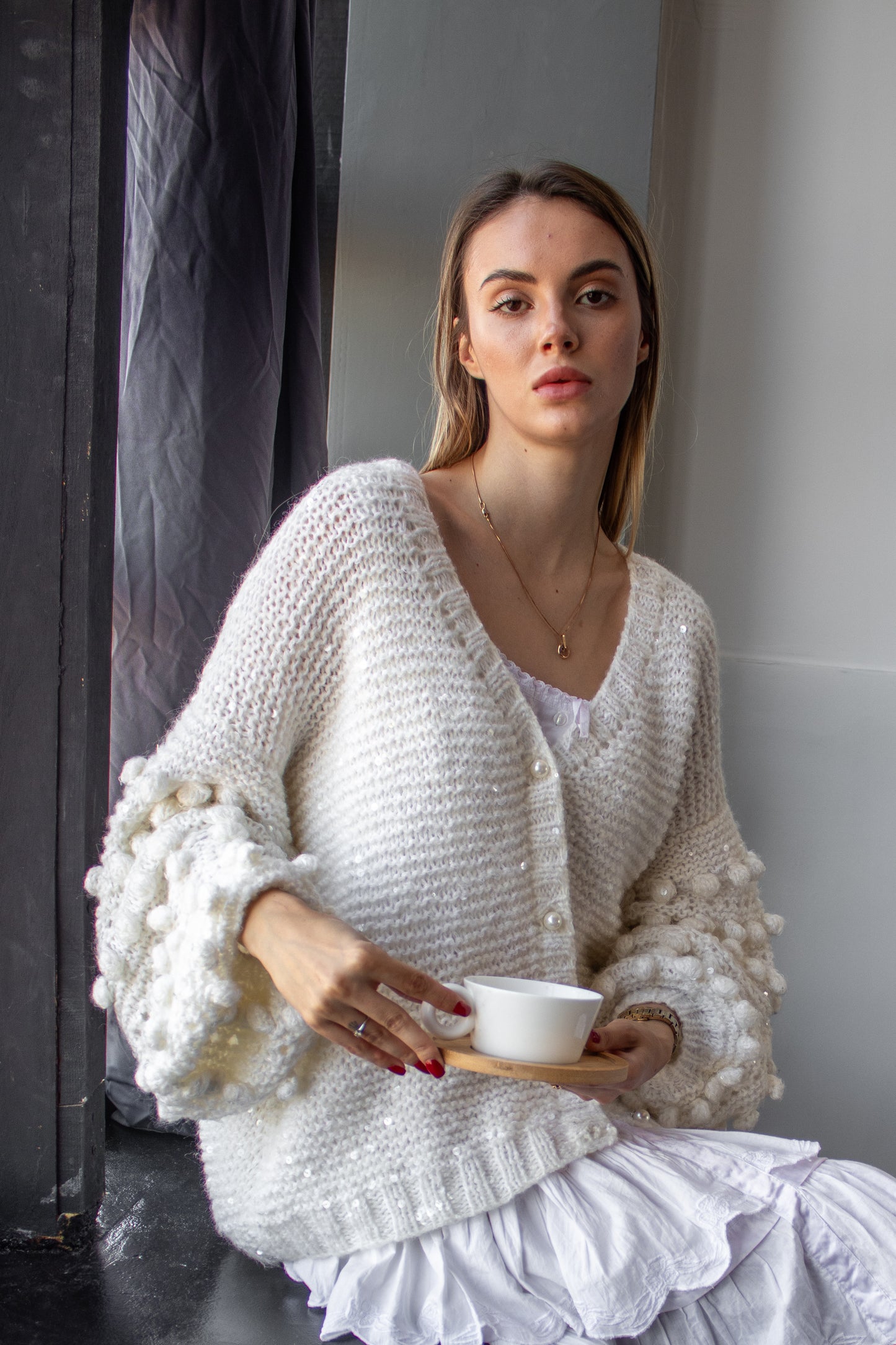 Handmade Oversized Mohair Sequin Bomber Jacket – Ivory Wool Knit Cardigan with Puff Sleeves