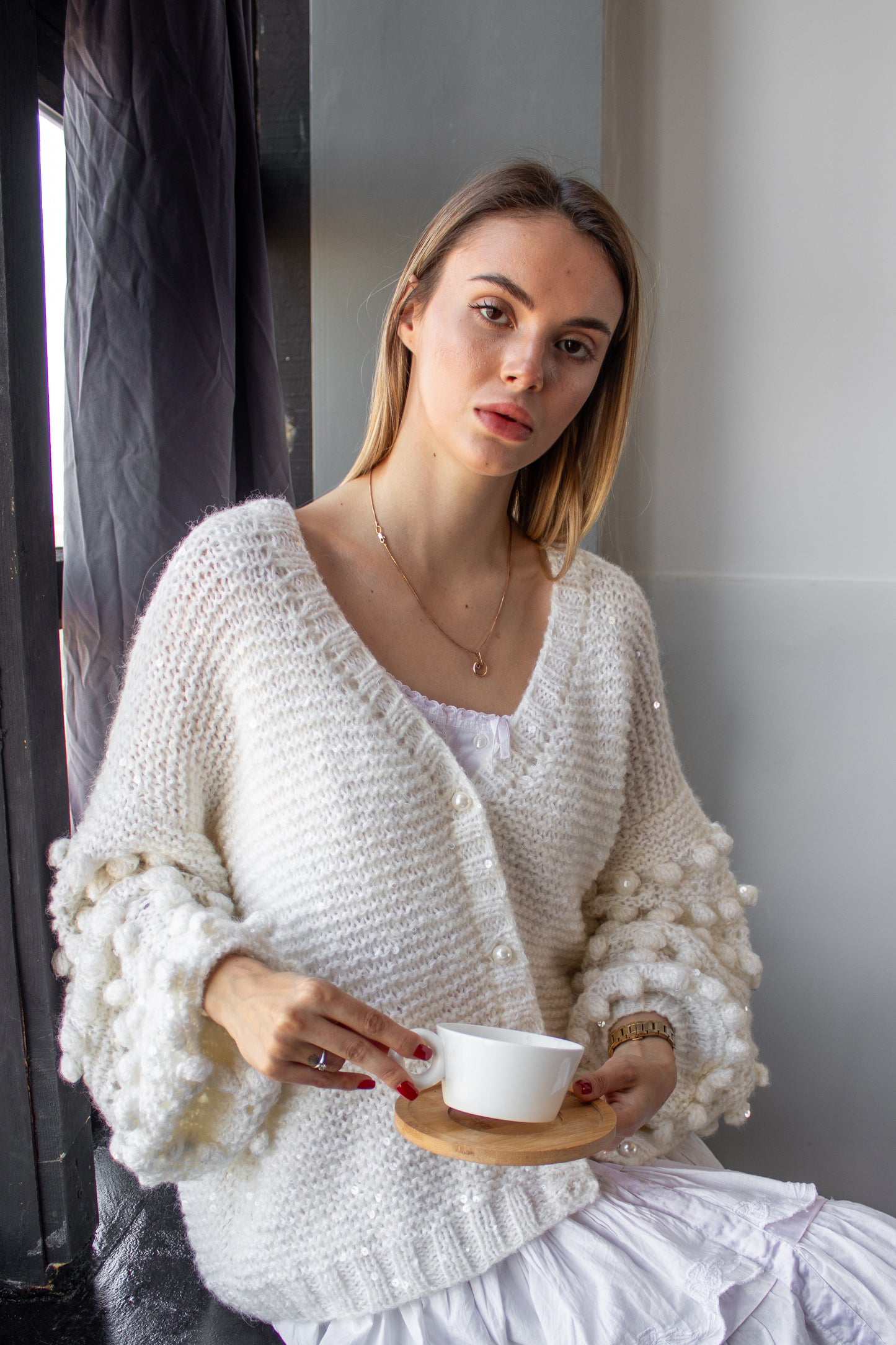 Handmade Oversized Mohair Sequin Bomber Jacket – Ivory Wool Knit Cardigan with Puff Sleeves