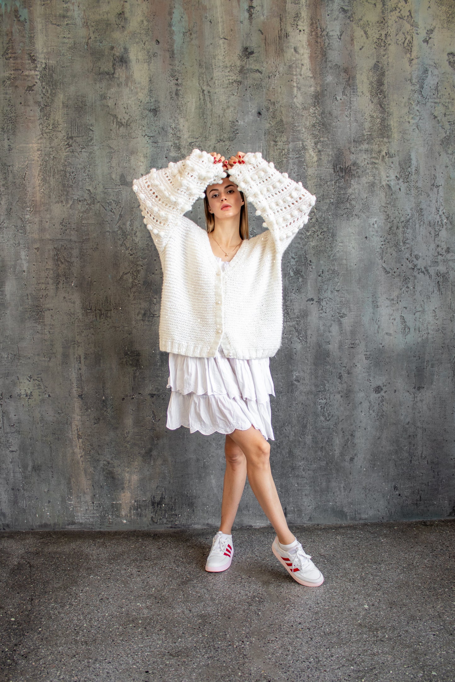 Handmade Oversized Mohair Sequin Bomber Jacket – Ivory Wool Knit Cardigan with Puff Sleeves
