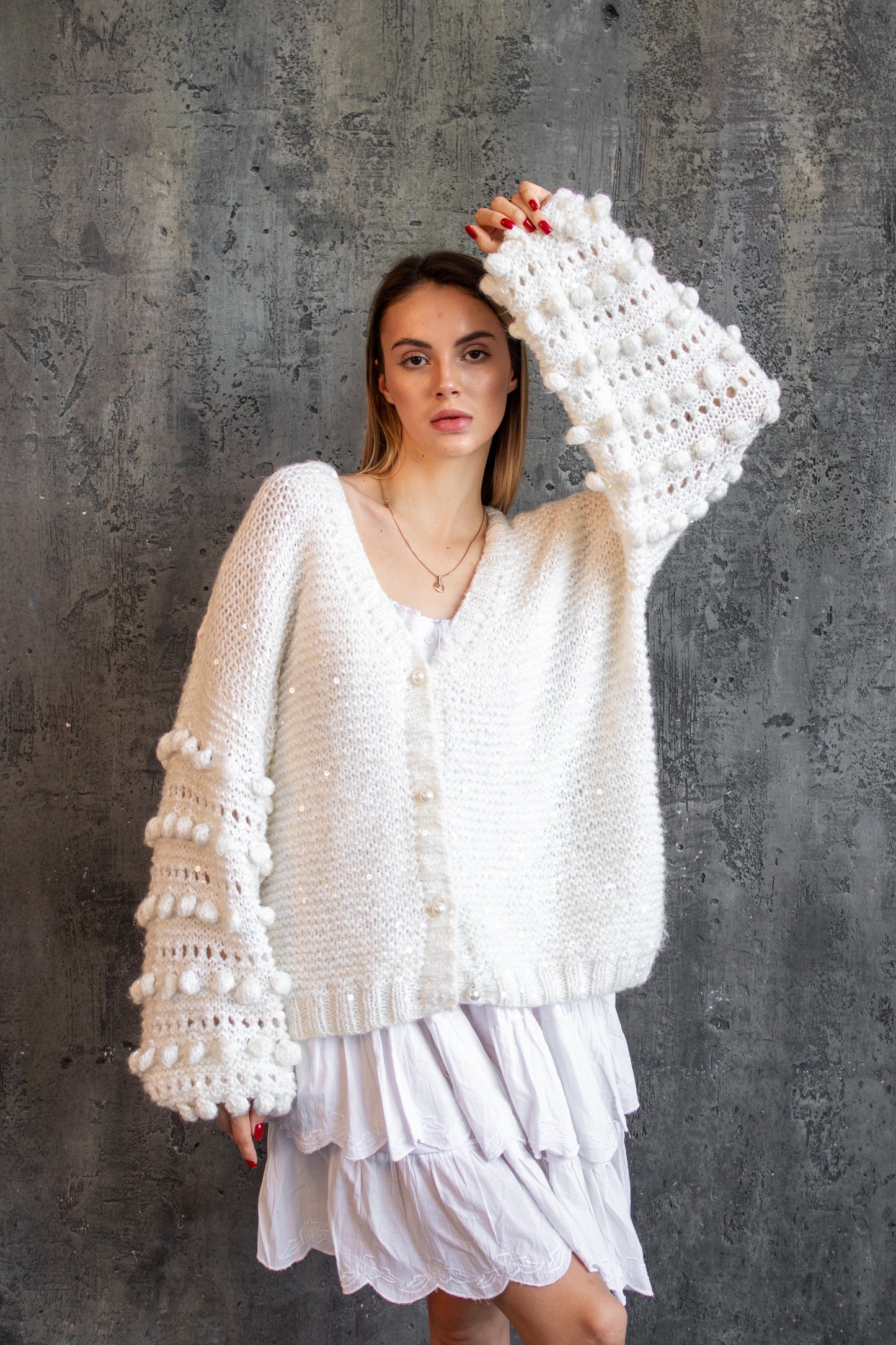Handmade Oversized Mohair Sequin Bomber Jacket – Ivory Wool Knit Cardigan with Puff Sleeves