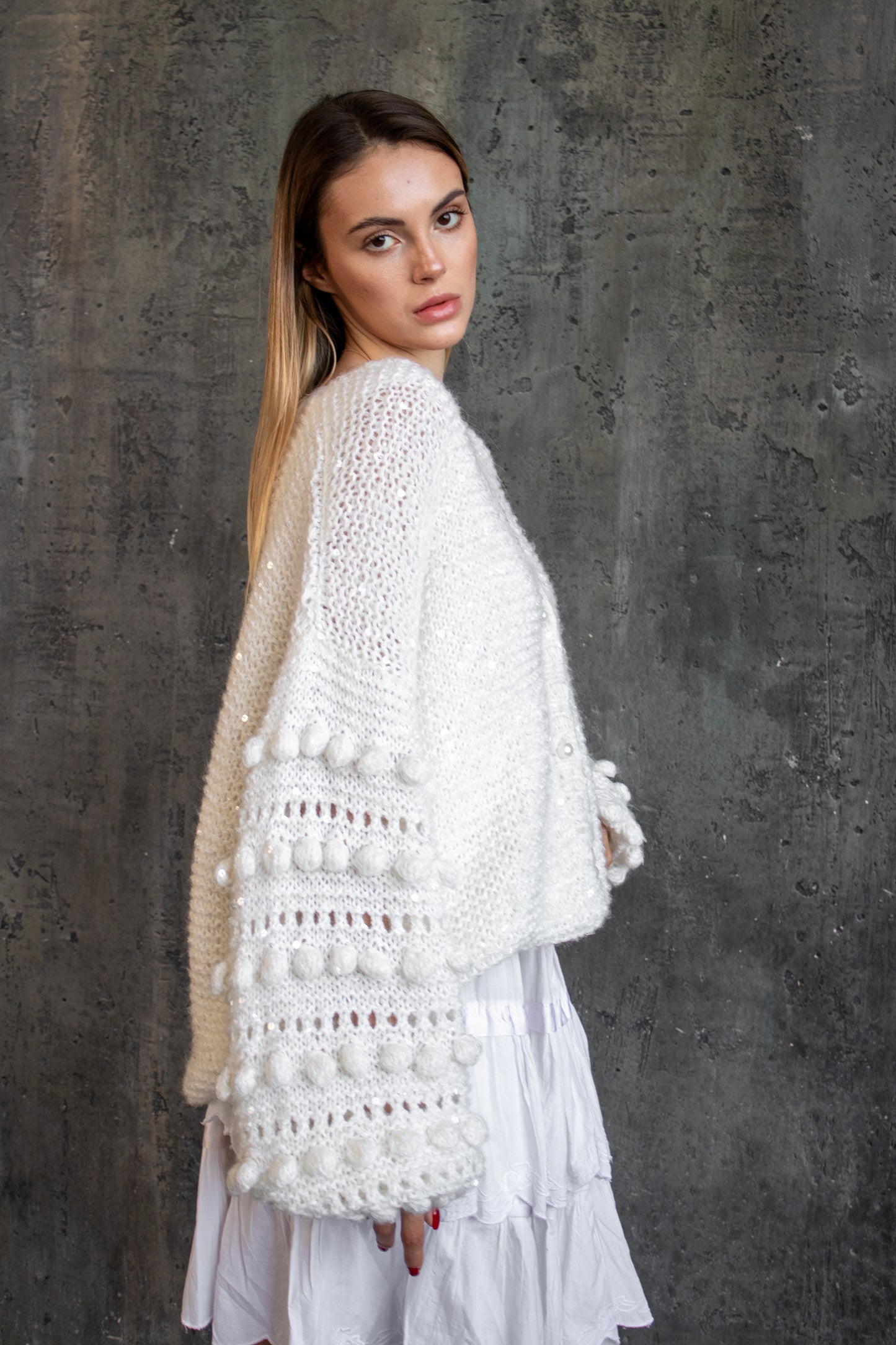 Handmade Oversized Mohair Sequin Bomber Jacket – Ivory Wool Knit Cardigan with Puff Sleeves