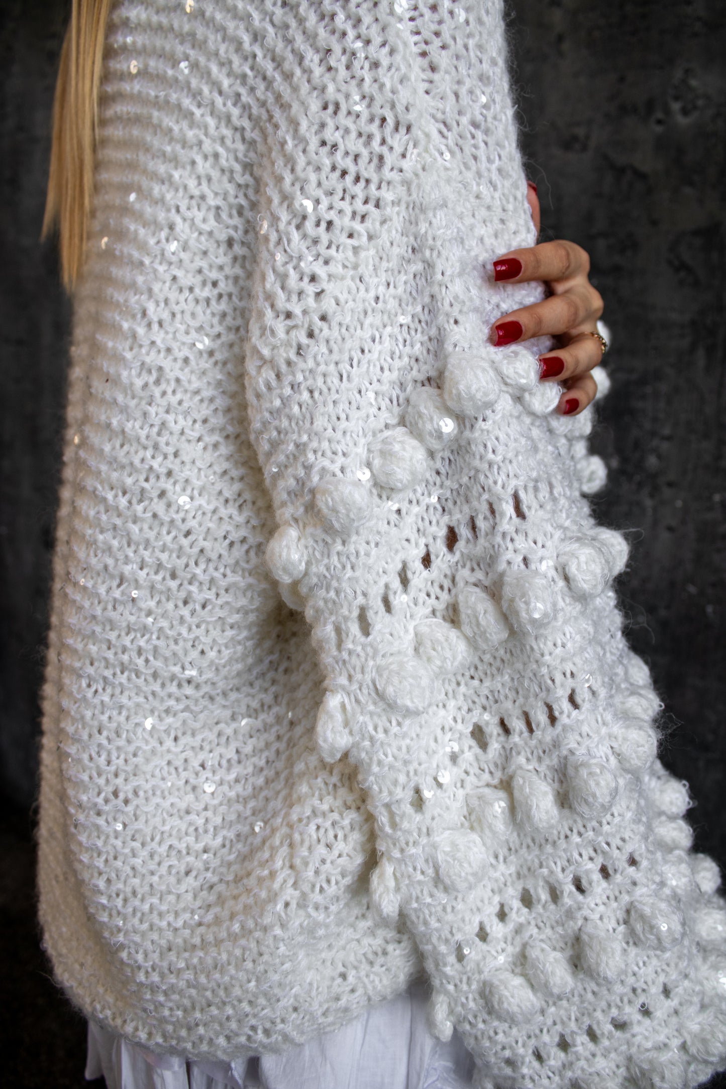 Handmade Oversized Mohair Sequin Bomber Jacket – Ivory Wool Knit Cardigan with Puff Sleeves