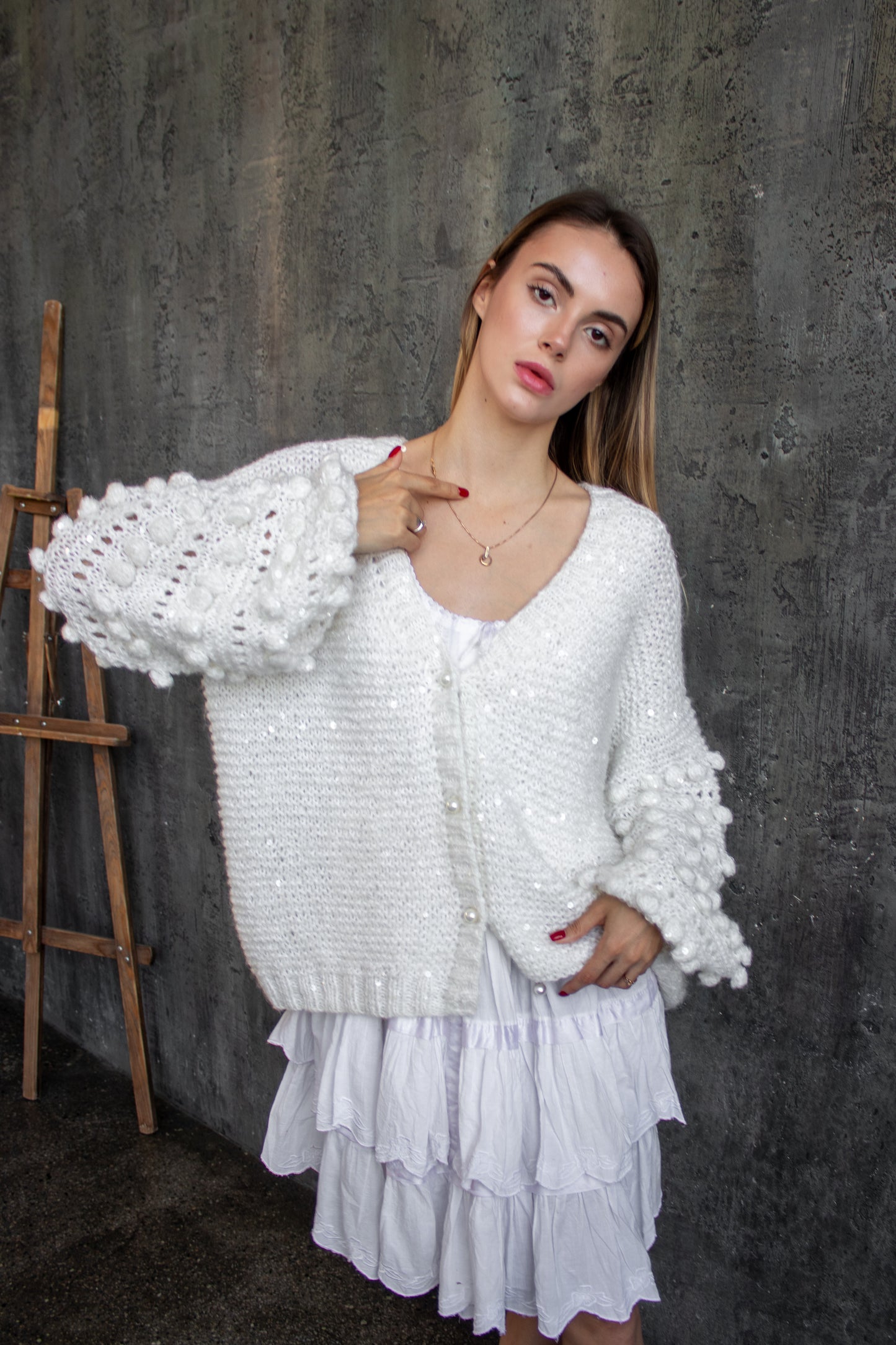 Handmade Oversized Mohair Sequin Bomber Jacket – Ivory Wool Knit Cardigan with Puff Sleeves