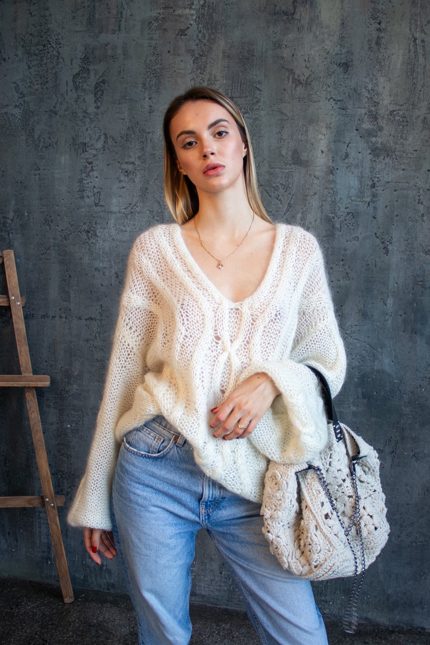 Ivory Oversized Mohair & Alpaca Sweater – Handmade White Knit Jumper
