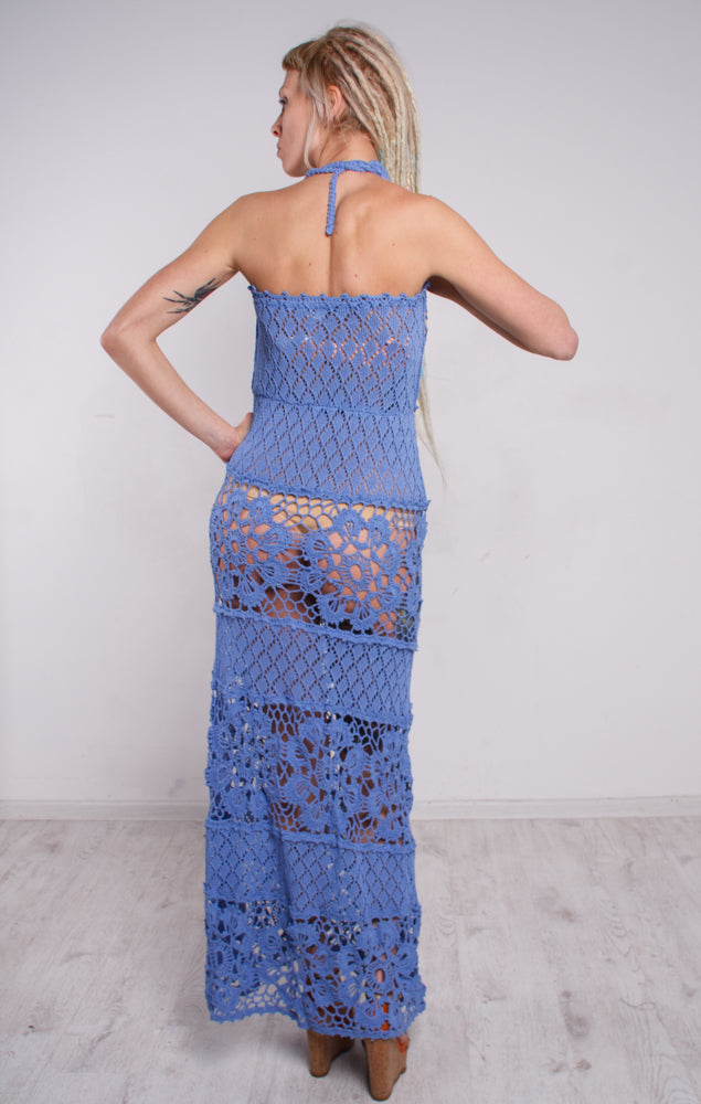 Blue Crochet Maxi Dress – Handmade Linen Beach Sundress, Boho Lacy Evening Dress