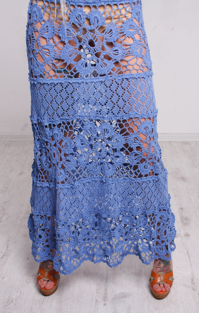 Blue Crochet Maxi Dress – Handmade Linen Beach Sundress, Boho Lacy Evening Dress