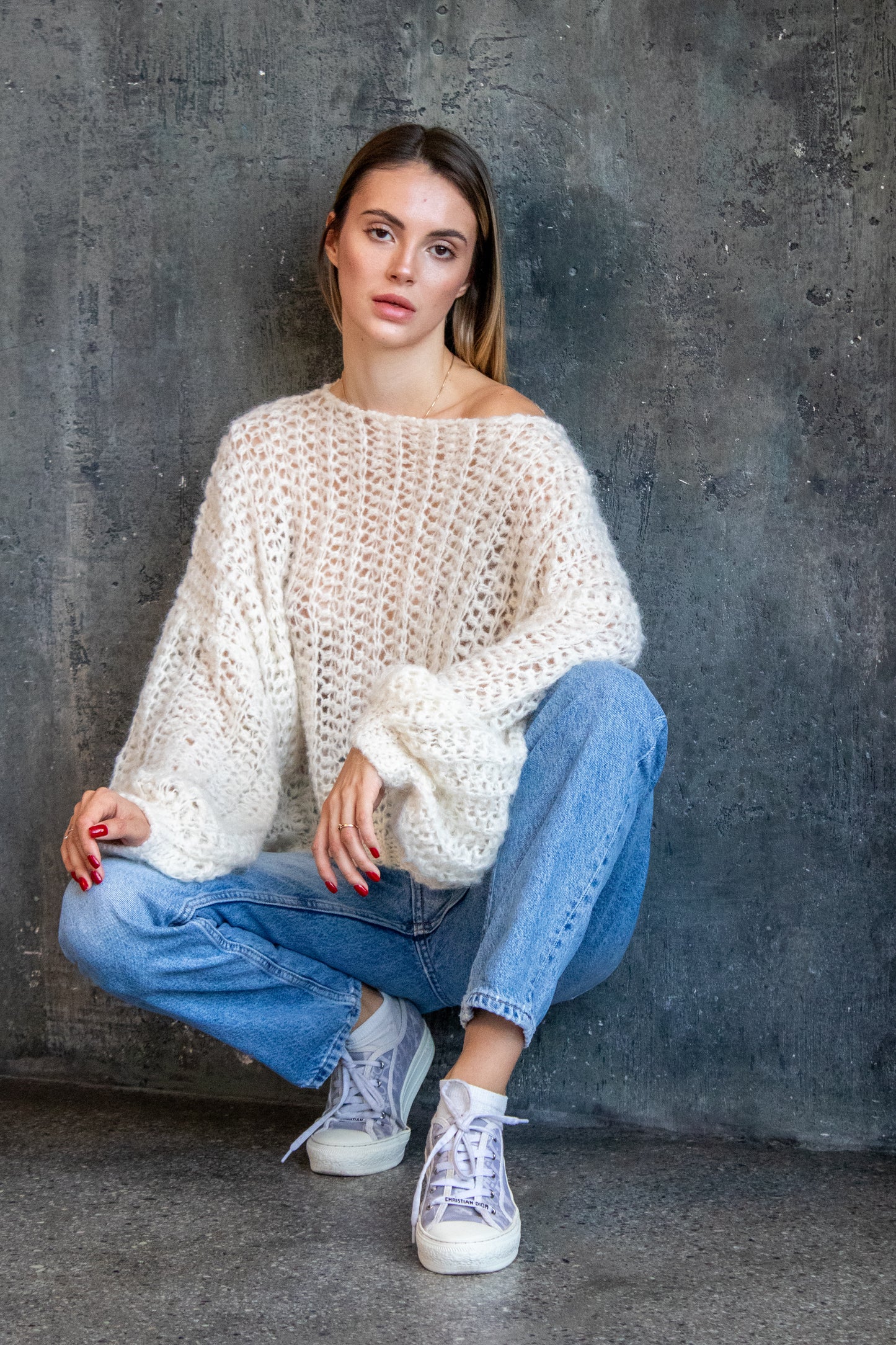 Hand Knitted Ivory Oversize Jumper – Mohair & Baby Alpaca Sweater Handmade