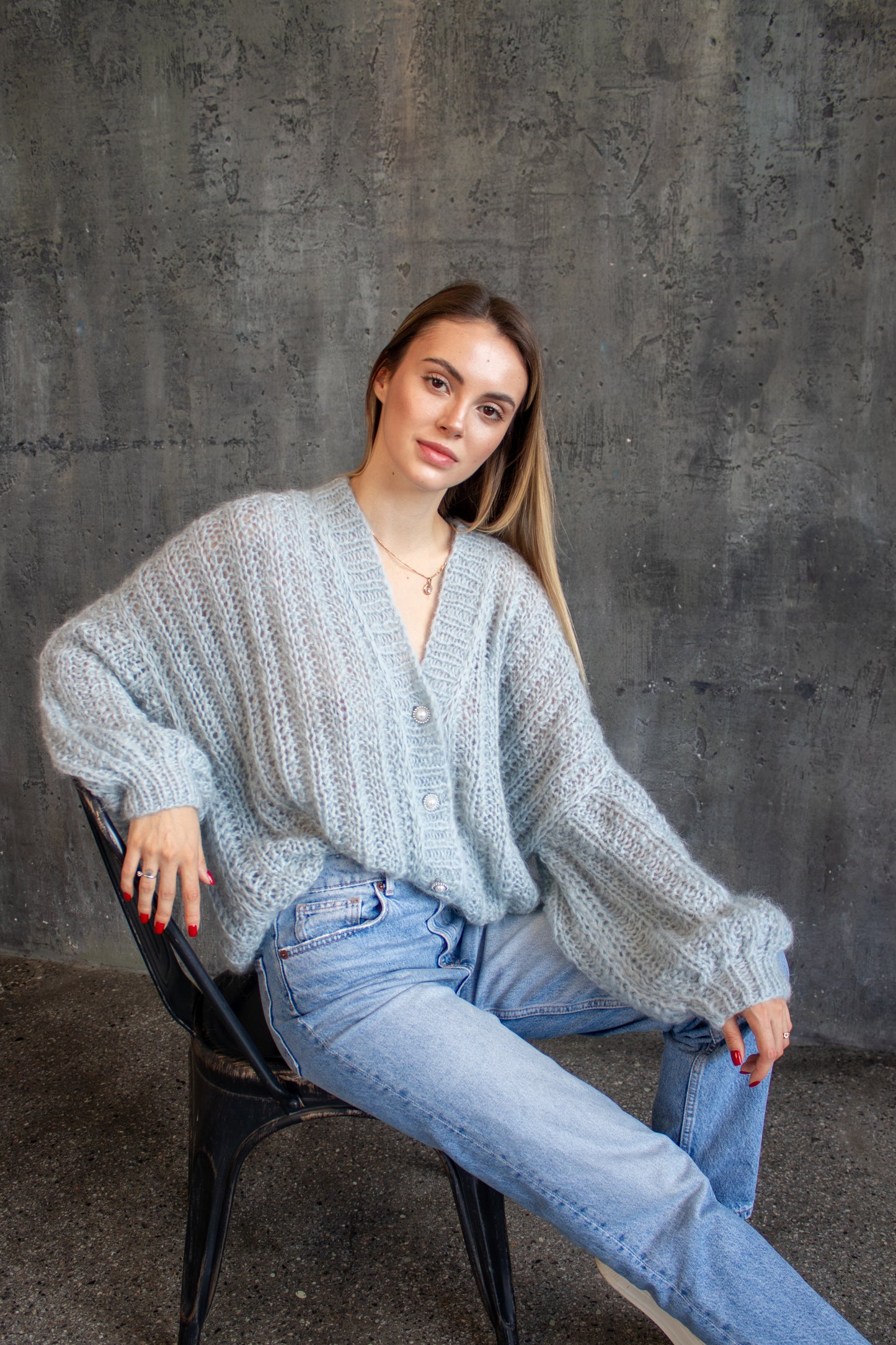 Blue Oversized Mohair Bomber Knit Jacket – Handmade Puff Sleeve Cardigan