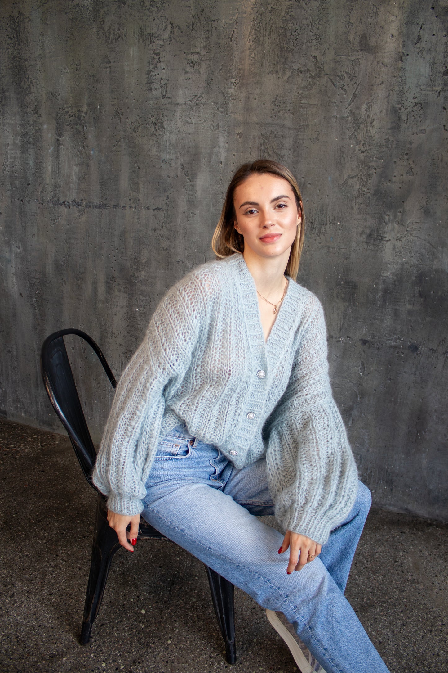 Blue Oversized Mohair Bomber Knit Jacket – Handmade Puff Sleeve Cardigan