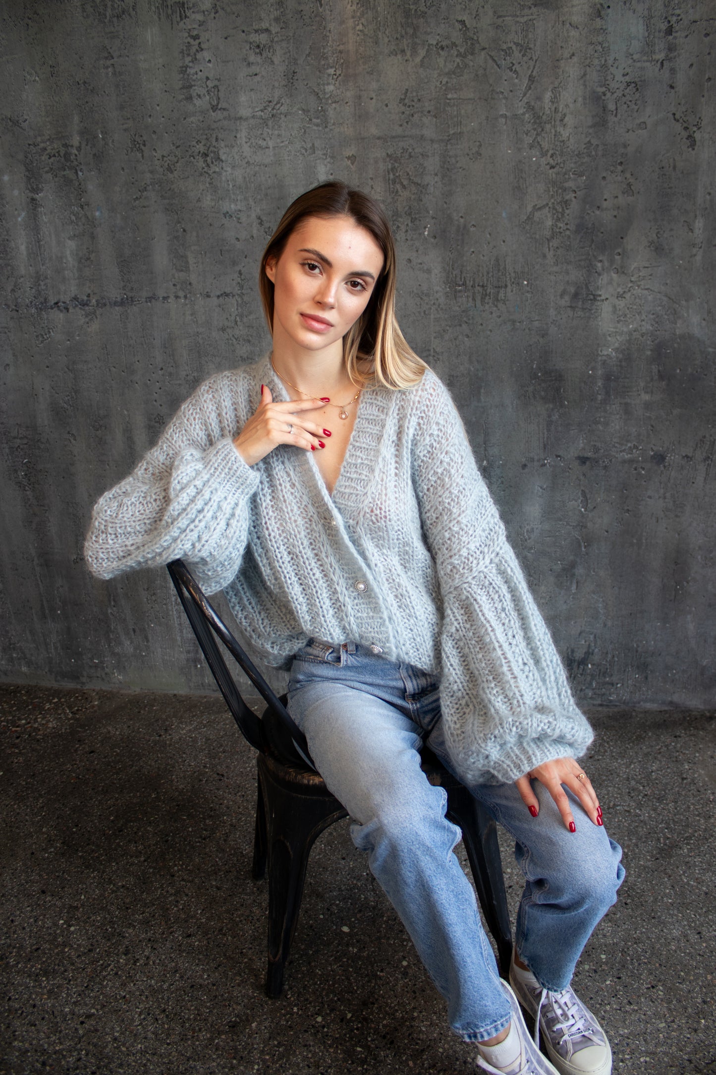 Blue Oversized Mohair Bomber Knit Jacket – Handmade Puff Sleeve Cardigan