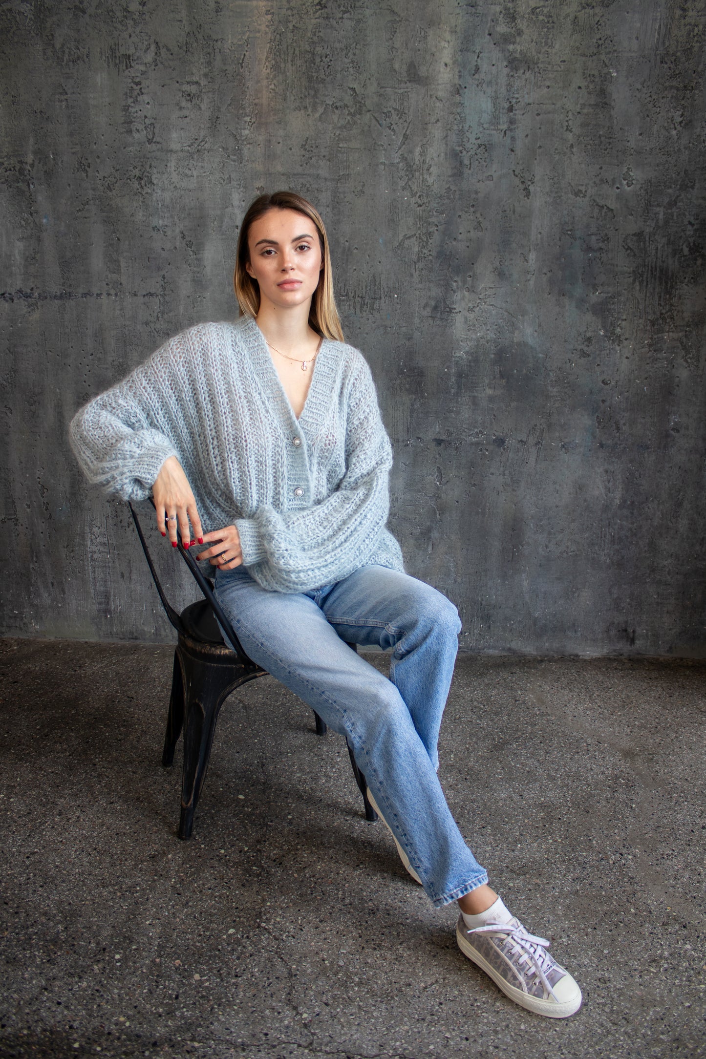 Blue Oversized Mohair Bomber Knit Jacket – Handmade Puff Sleeve Cardigan