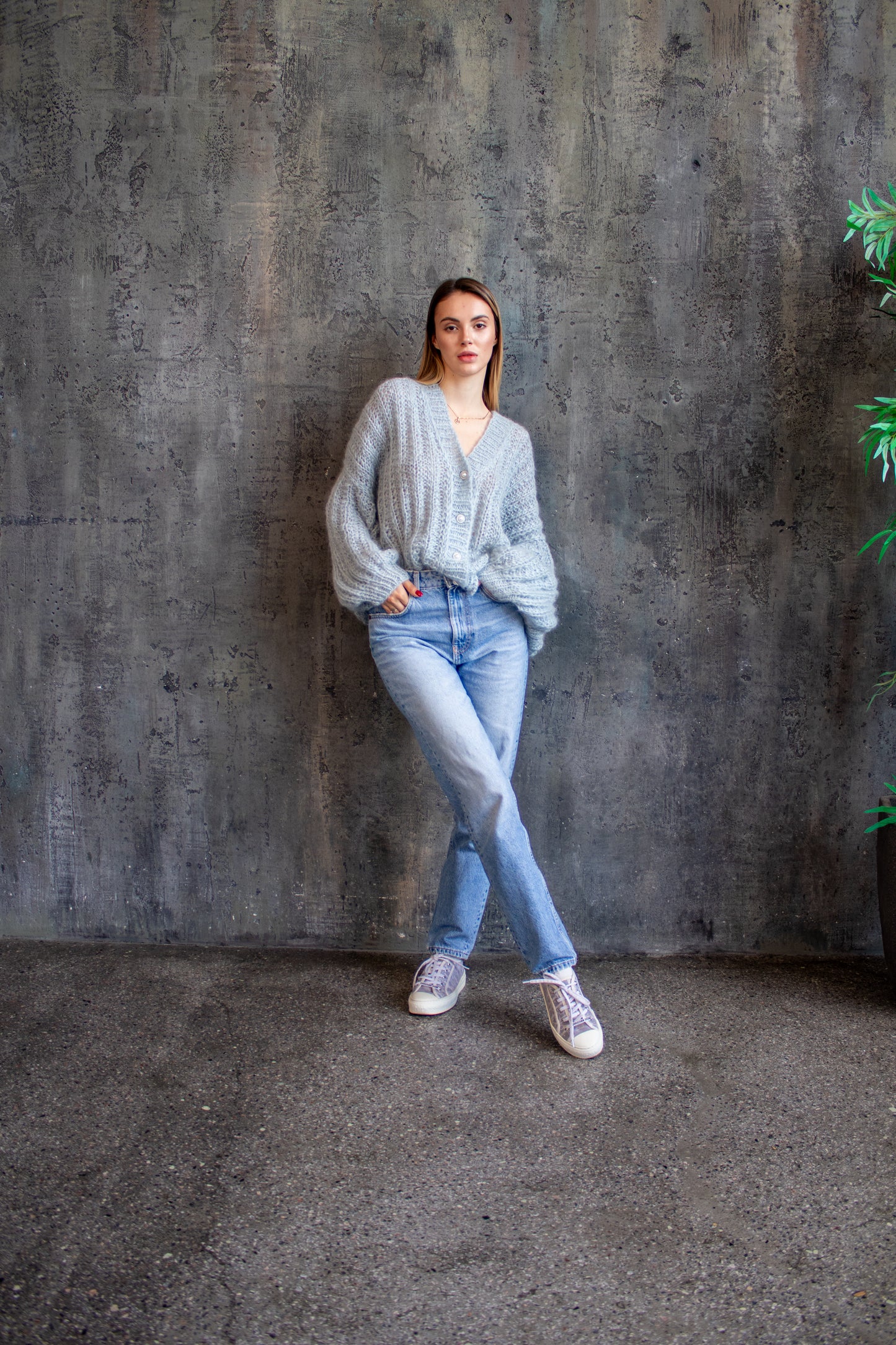 Blue Oversized Mohair Bomber Knit Jacket – Handmade Puff Sleeve Cardigan