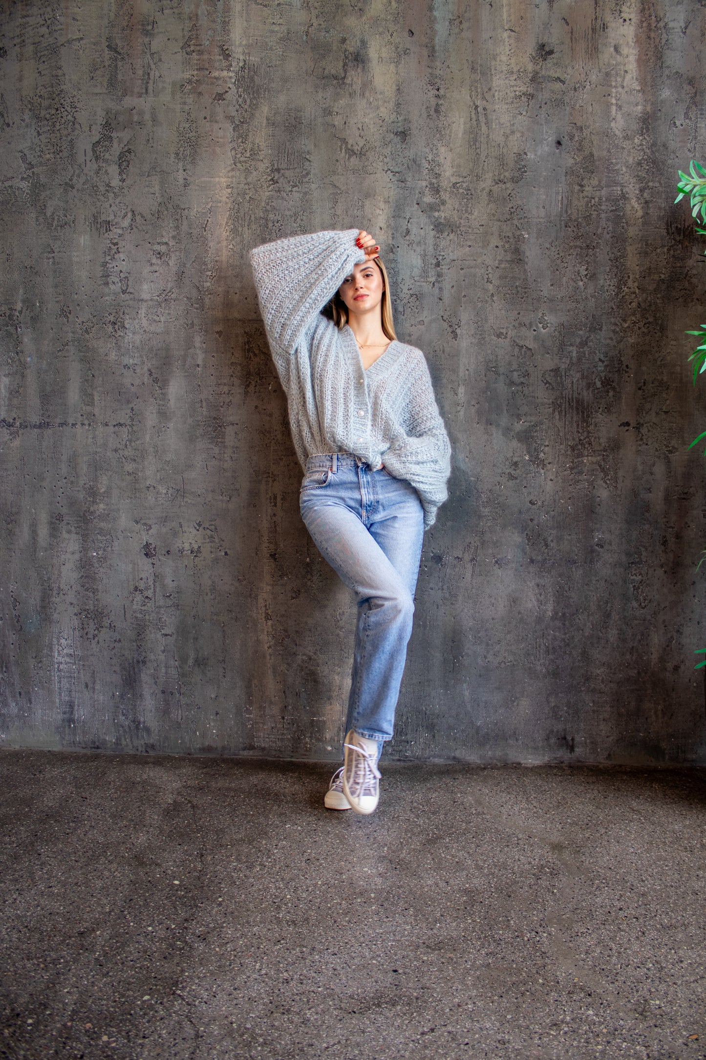 Blue Oversized Mohair Bomber Knit Jacket – Handmade Puff Sleeve Cardigan