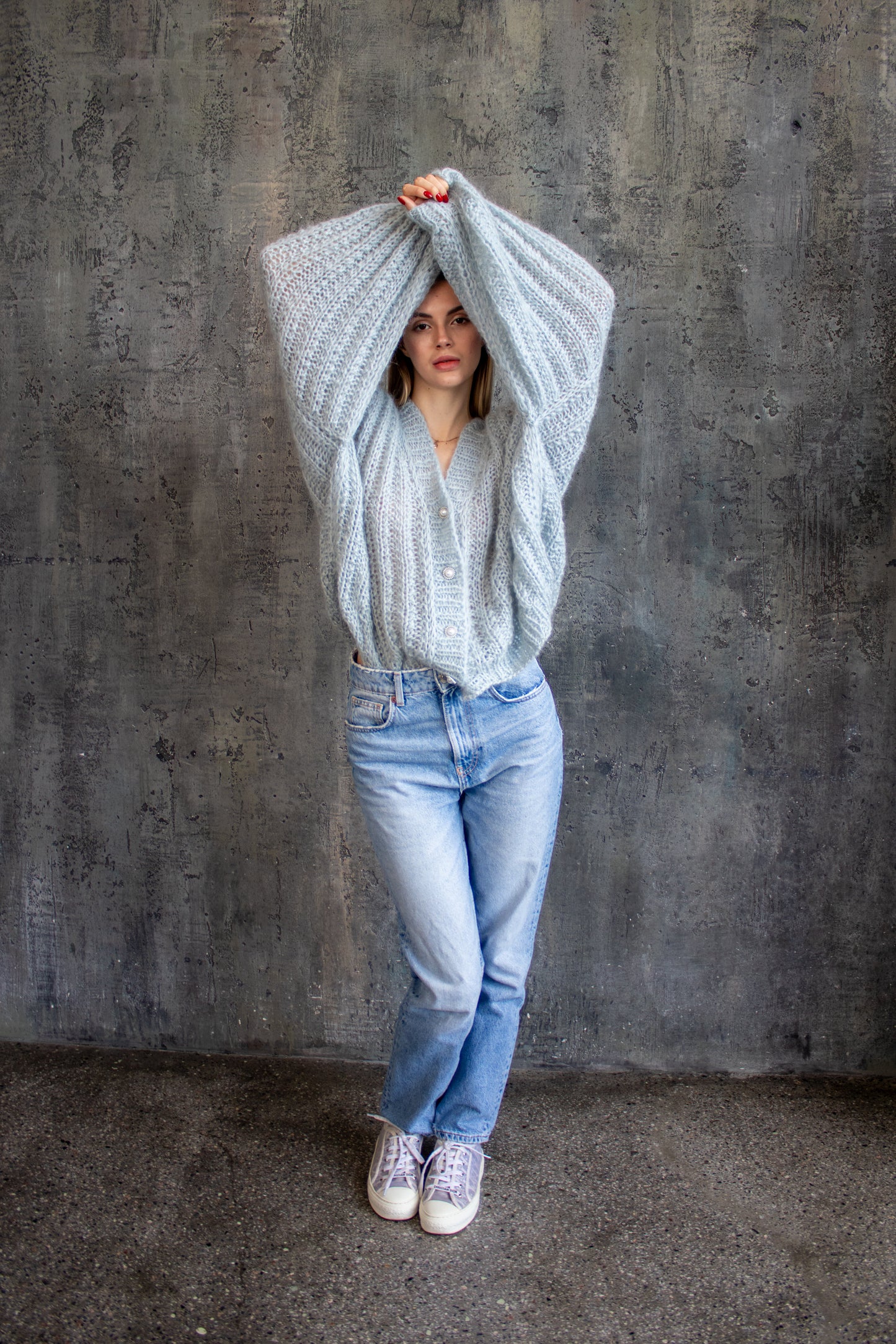 Blue Oversized Mohair Bomber Knit Jacket – Handmade Puff Sleeve Cardigan