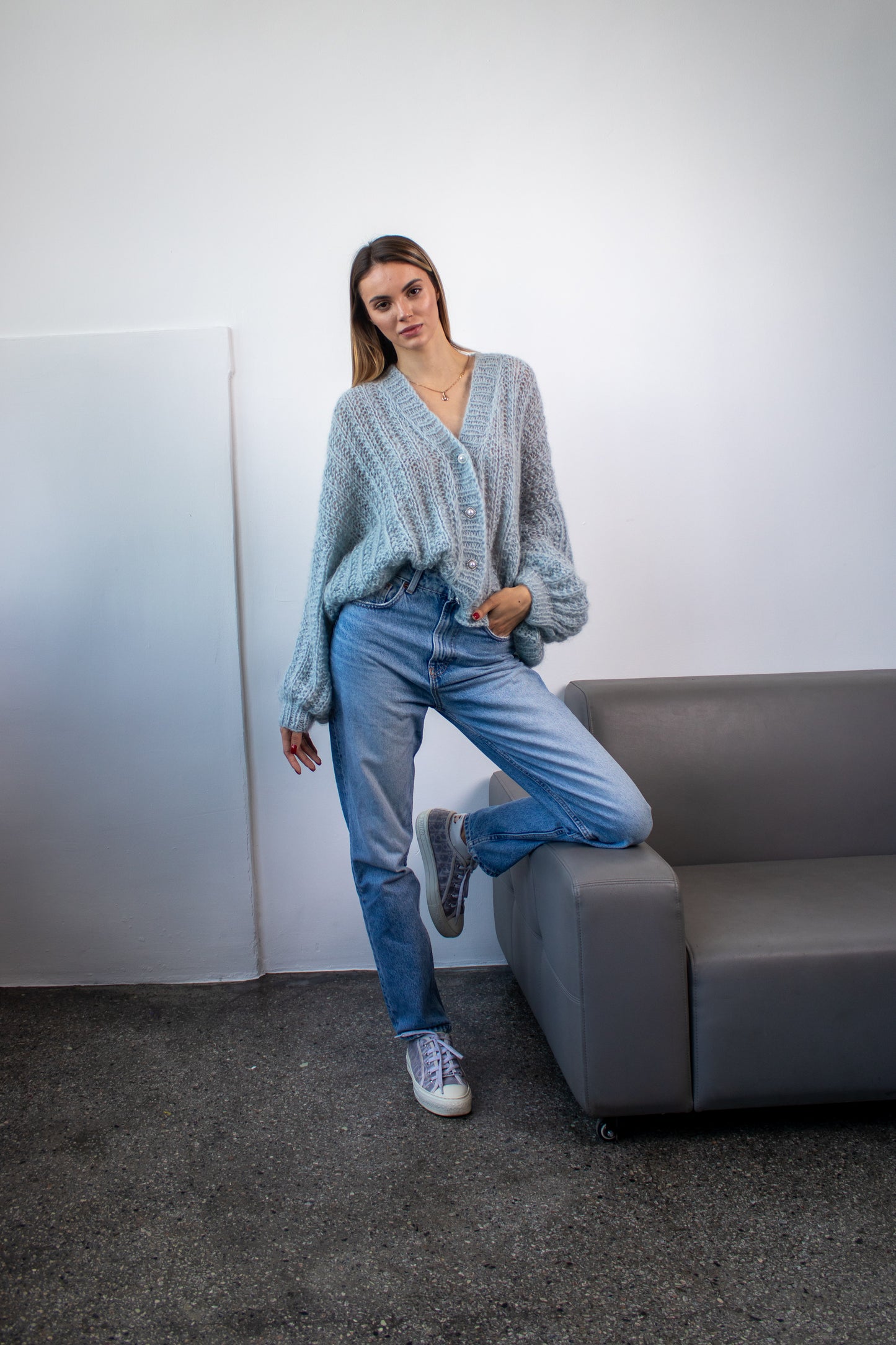 Blue Oversized Mohair Bomber Knit Jacket – Handmade Puff Sleeve Cardigan