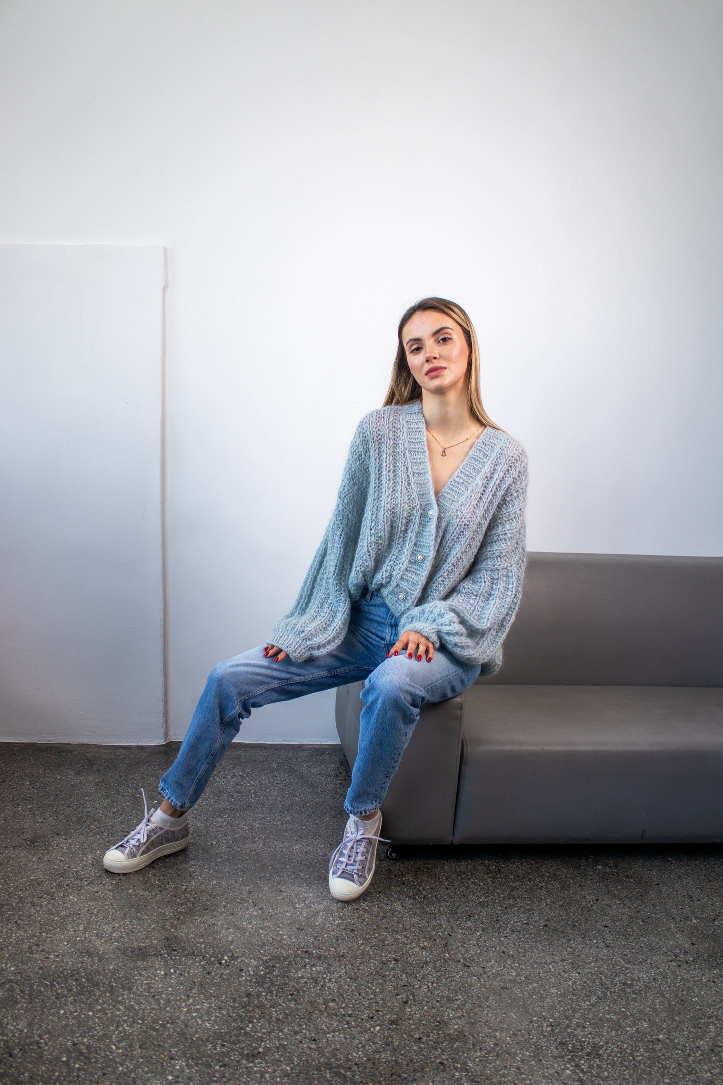 Blue Oversized Mohair Bomber Knit Jacket – Handmade Puff Sleeve Cardigan