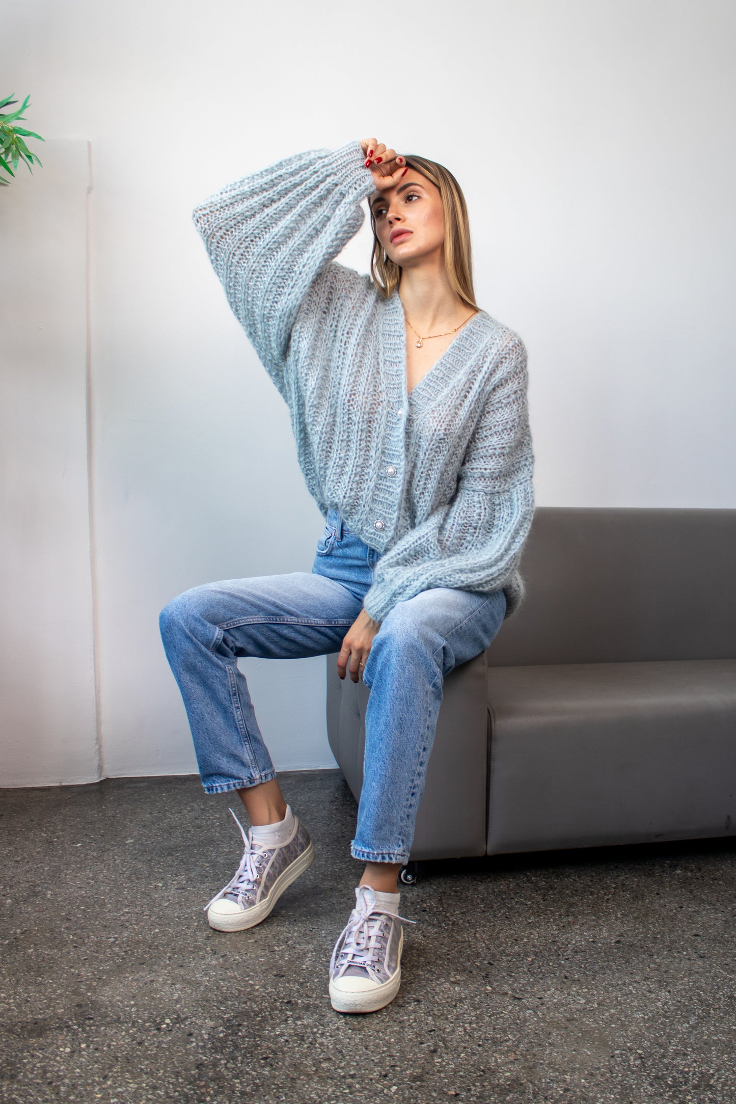 Blue Oversized Mohair Bomber Knit Jacket – Handmade Puff Sleeve Cardigan