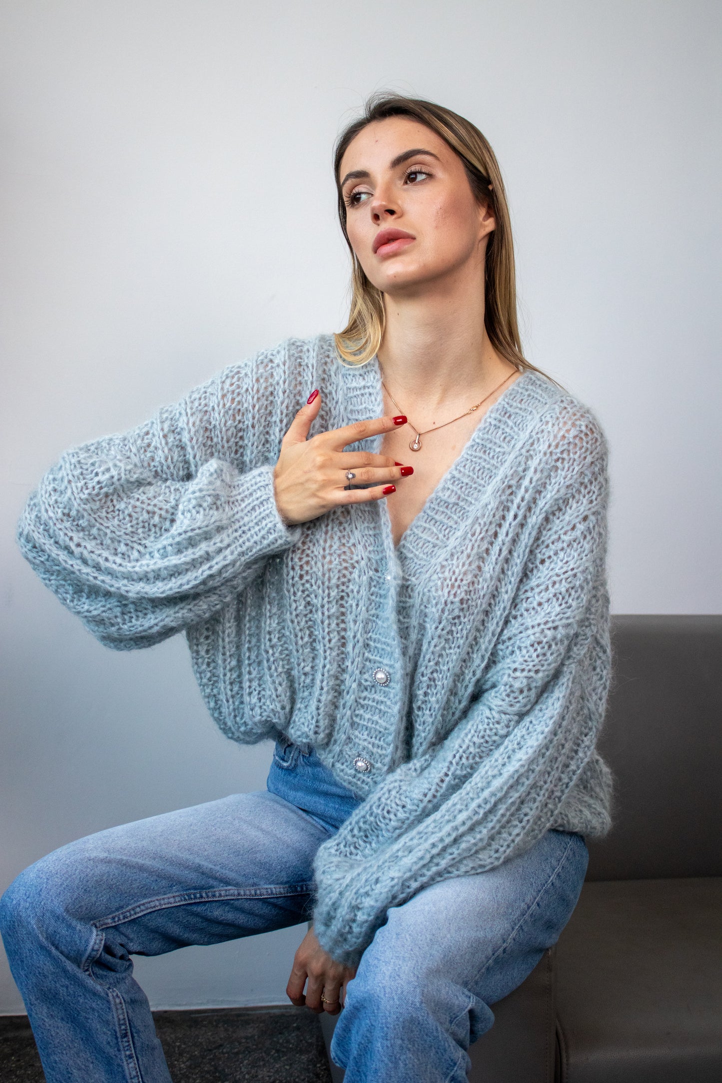 Blue Oversized Mohair Bomber Knit Jacket – Handmade Puff Sleeve Cardigan