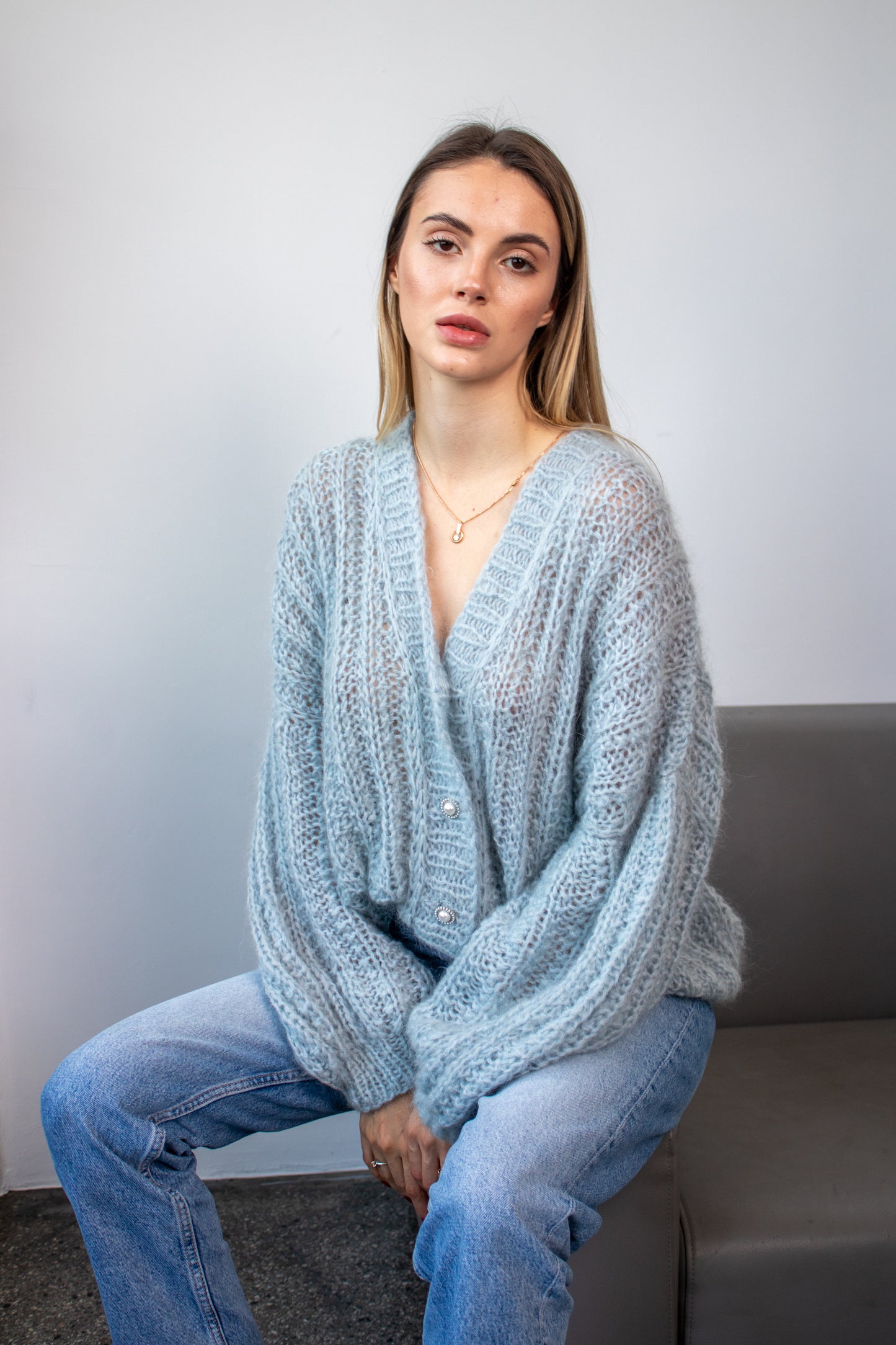 Blue Oversized Mohair Bomber Knit Jacket – Handmade Puff Sleeve Cardigan