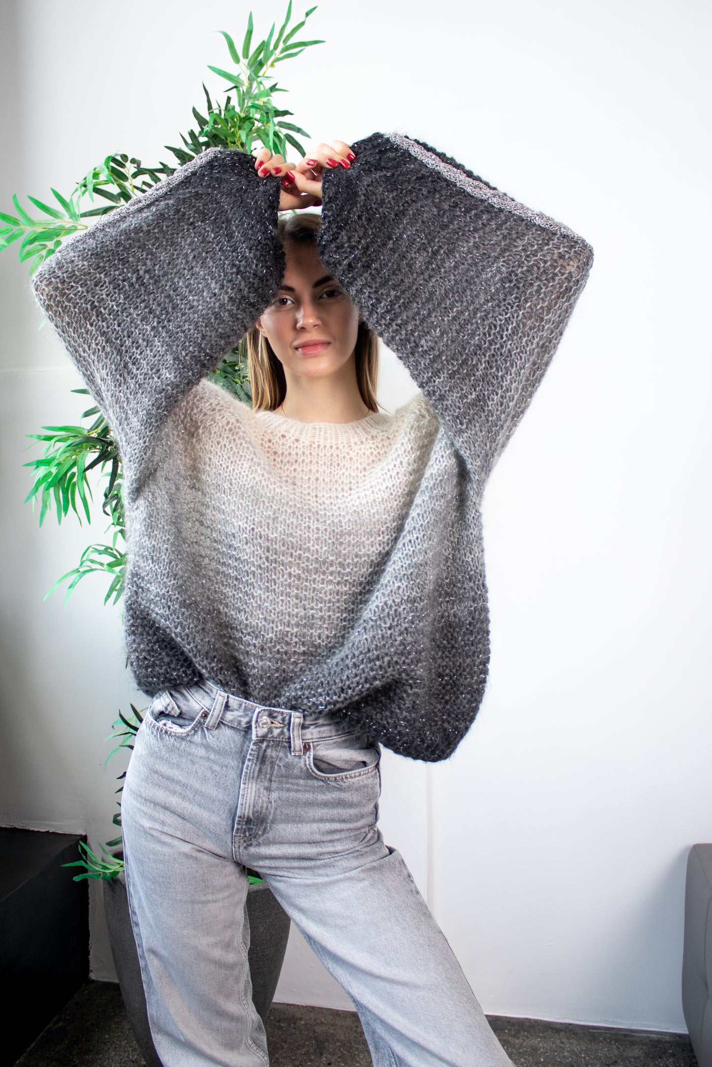 Black White Gradient Oversize Mohair Sweater Handmade Fluffy Knit Jumper One Size Wool Pullover Cozy Winter Knitwear