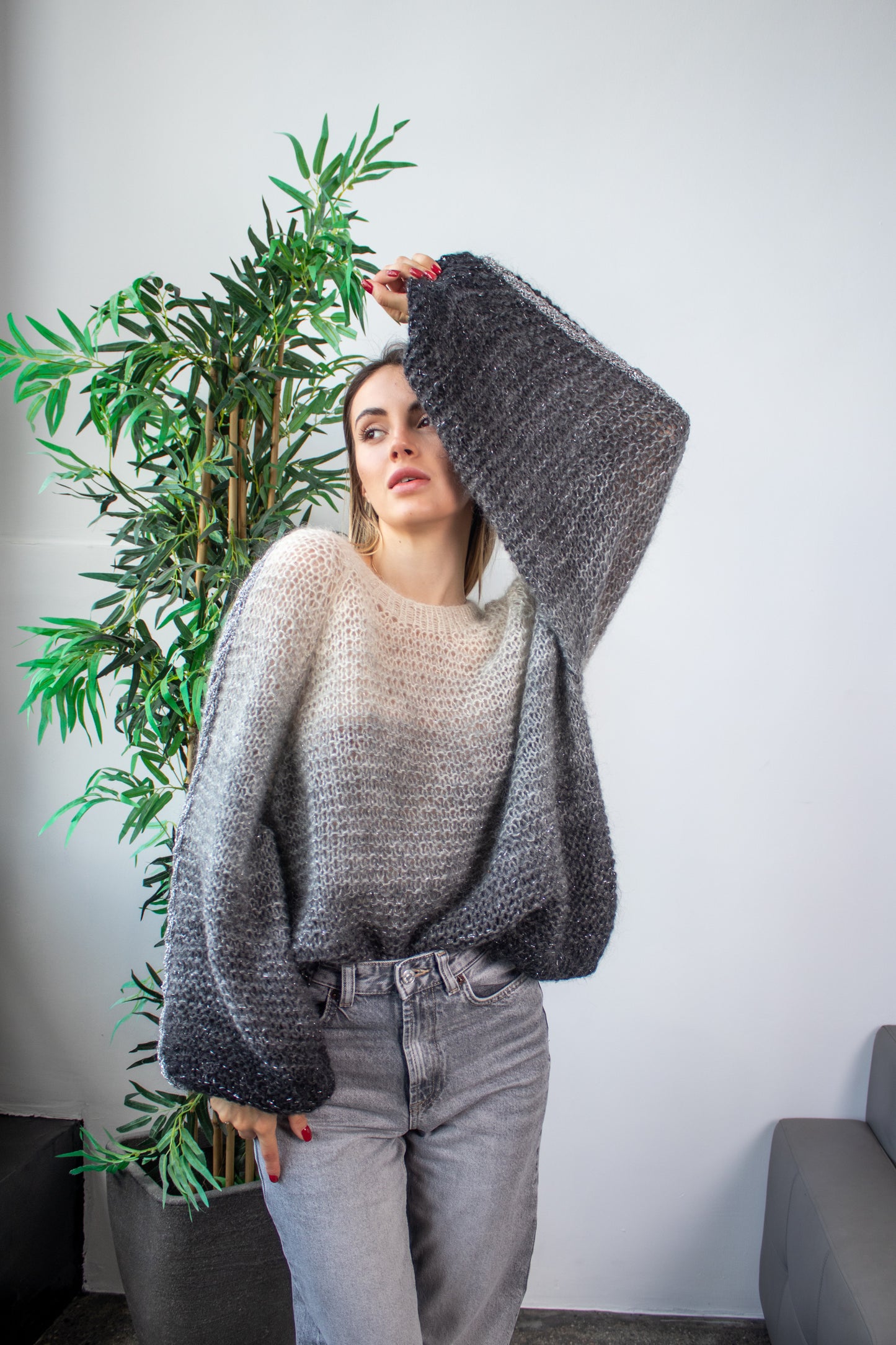 Black White Gradient Oversize Mohair Sweater Handmade Fluffy Knit Jumper One Size Wool Pullover Cozy Winter Knitwear
