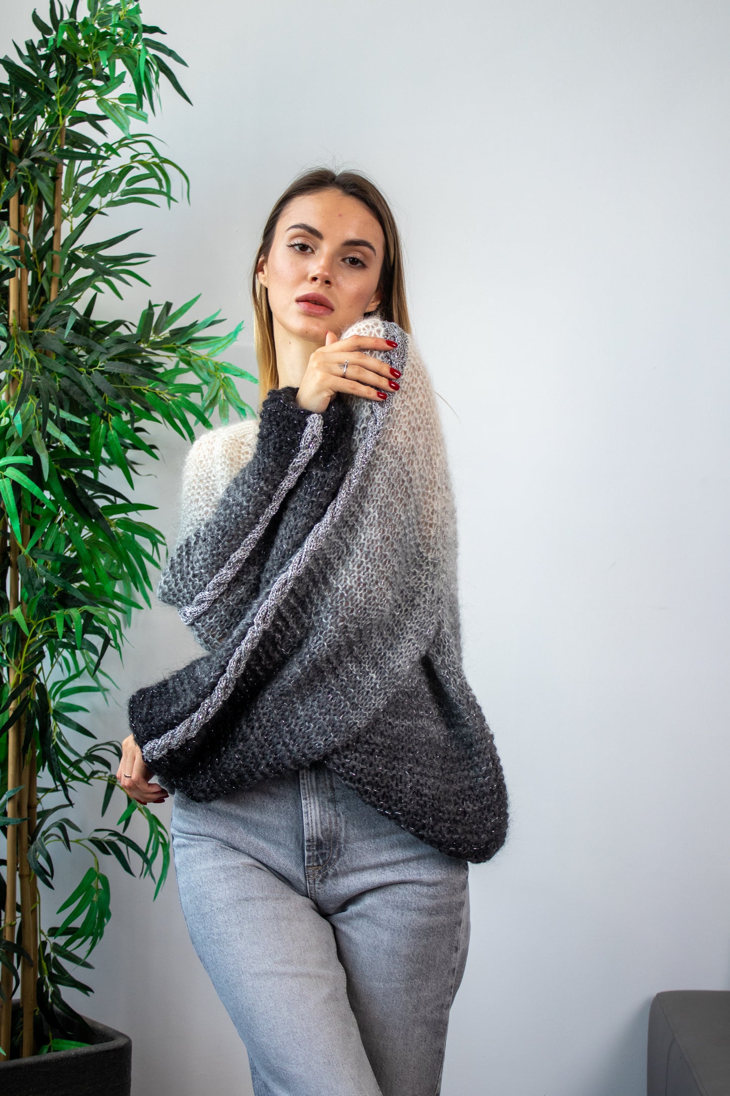 Black White Gradient Oversize Mohair Sweater Handmade Fluffy Knit Jumper One Size Wool Pullover Cozy Winter Knitwear