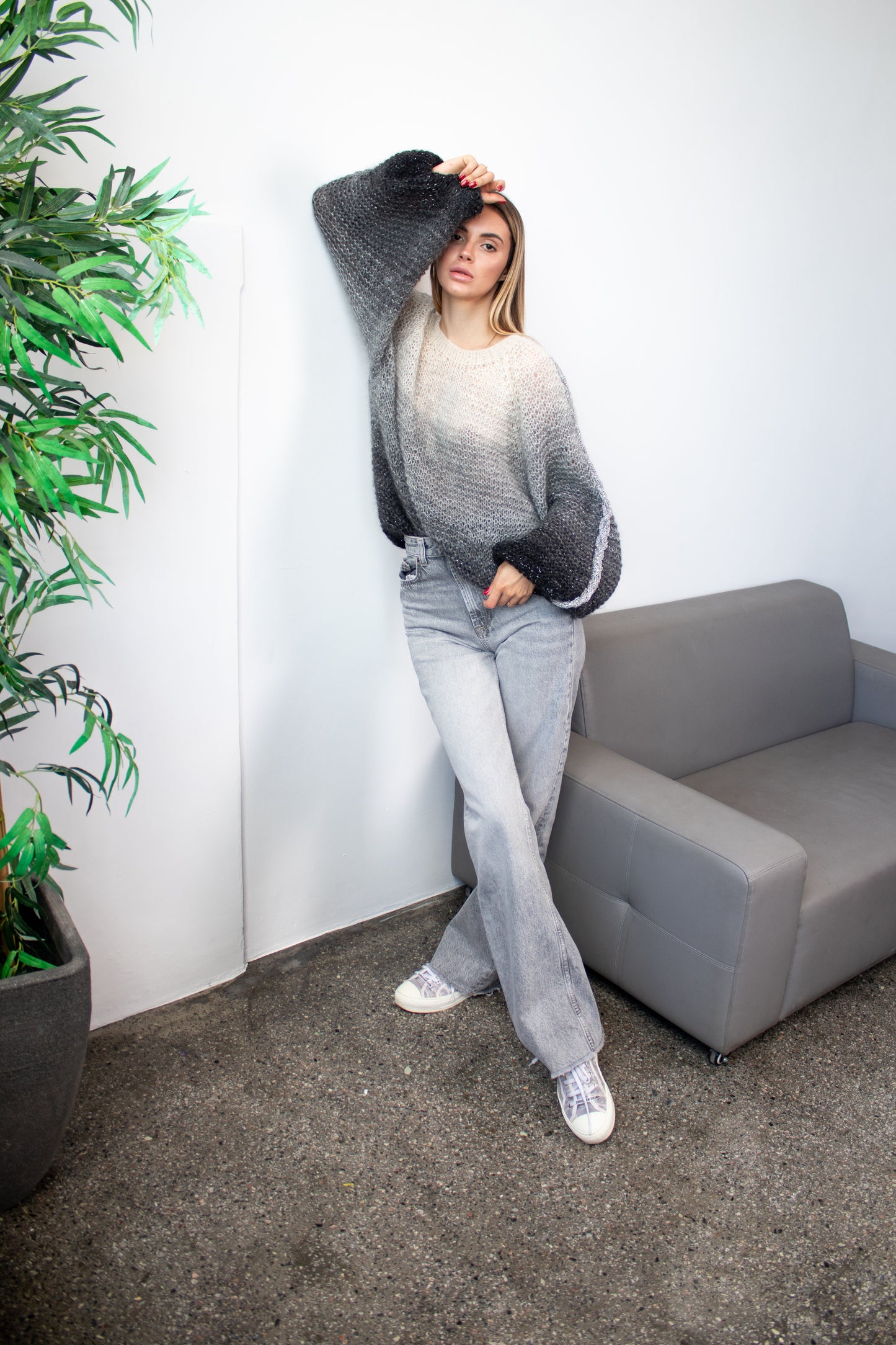 Black White Gradient Oversize Mohair Sweater Handmade Fluffy Knit Jumper One Size Wool Pullover Cozy Winter Knitwear