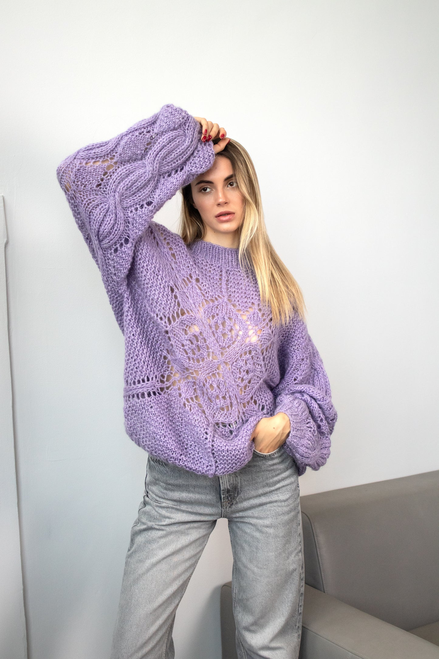 Handmade Lavender Mohair Oversized Sweater – Chunky Knit Violet Pullover with Lace Flower, Crew Neck Jumper