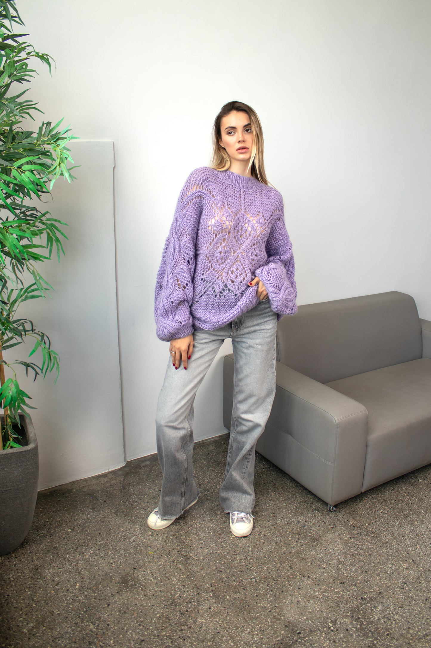 Handmade Lavender Mohair Oversized Sweater – Chunky Knit Violet Pullover with Lace Flower, Crew Neck Jumper