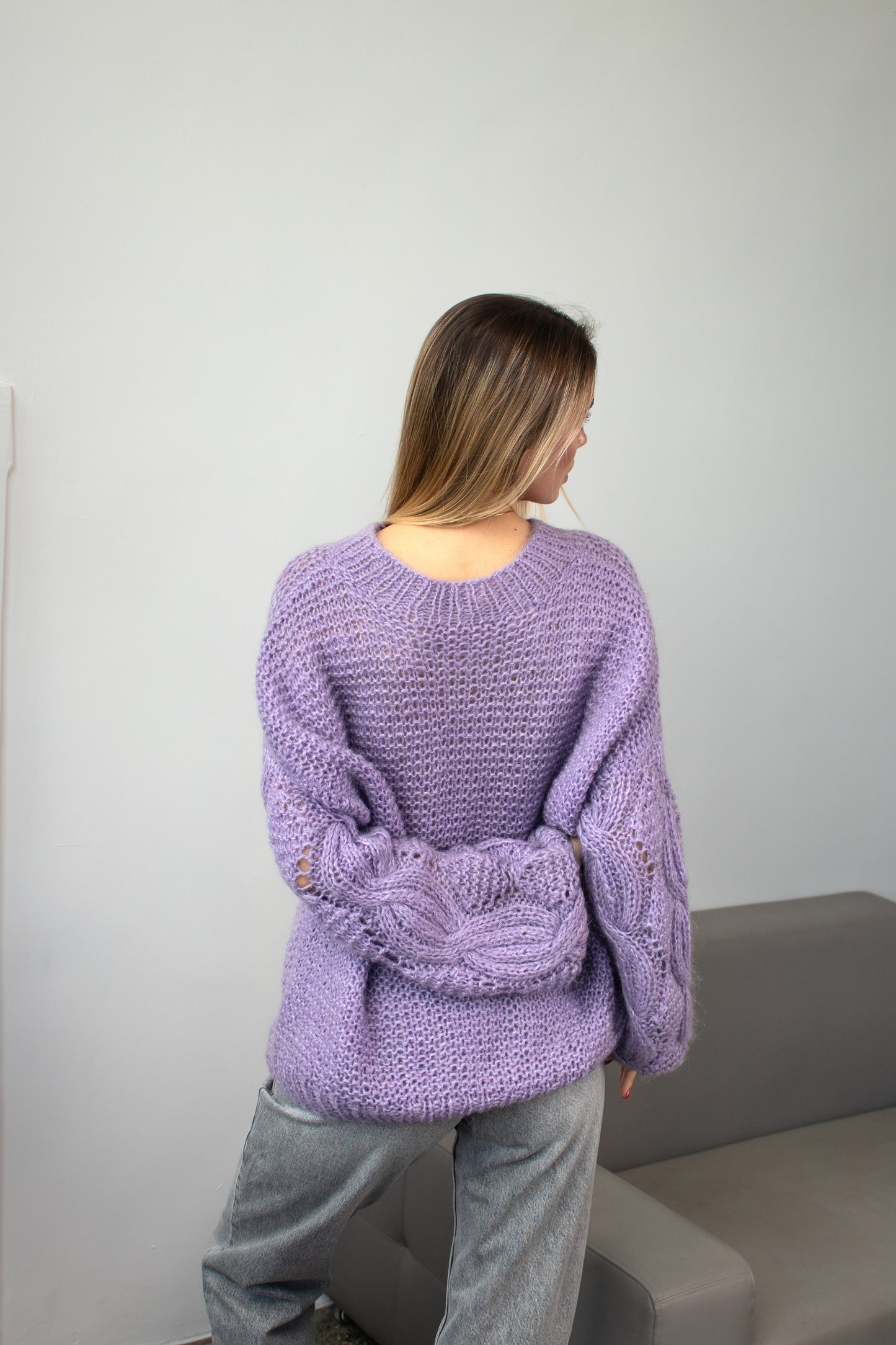 Handmade Lavender Mohair Oversized Sweater – Chunky Knit Violet Pullover with Lace Flower, Crew Neck Jumper