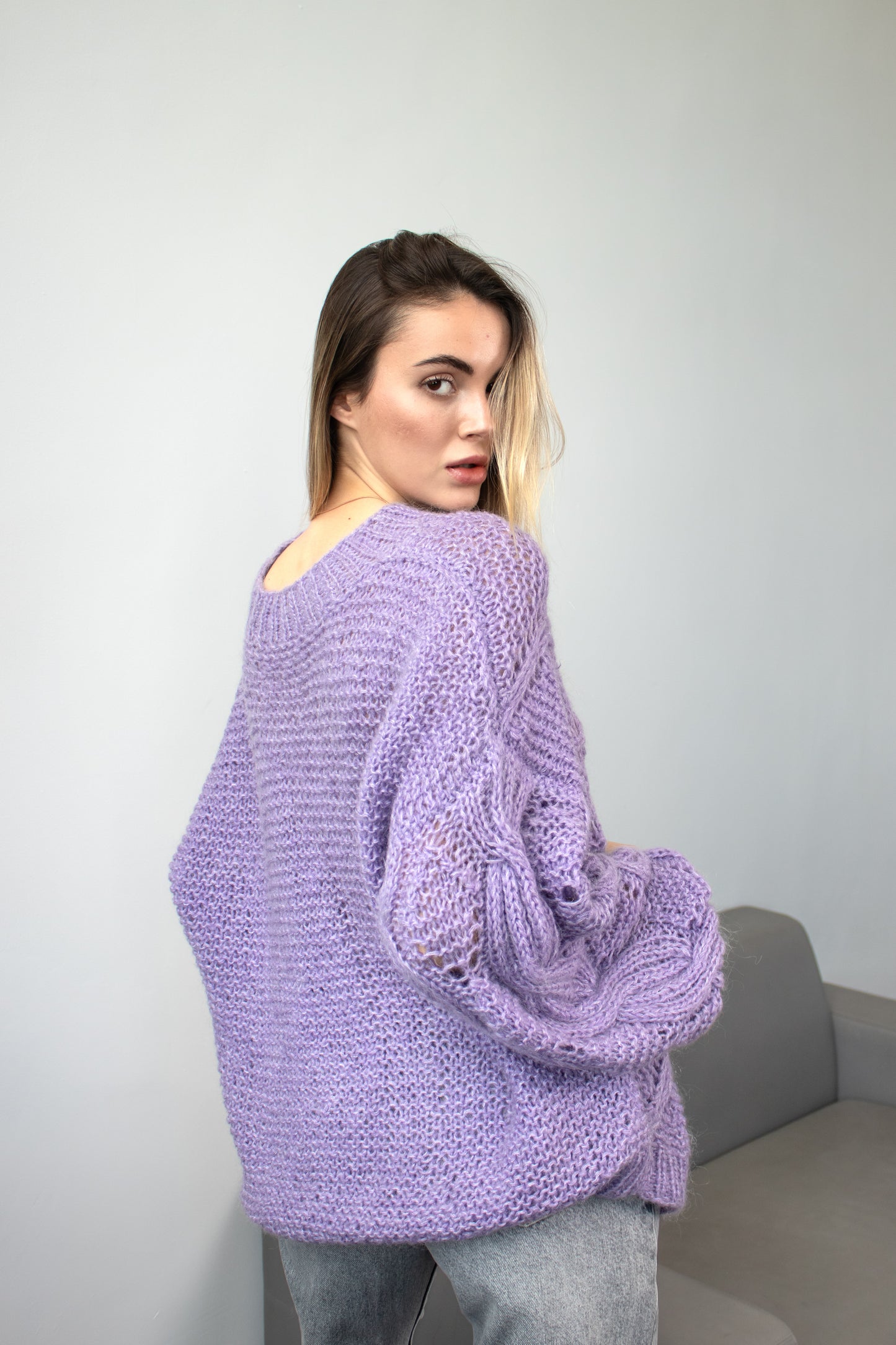 Handmade Lavender Mohair Oversized Sweater – Chunky Knit Violet Pullover with Lace Flower, Crew Neck Jumper