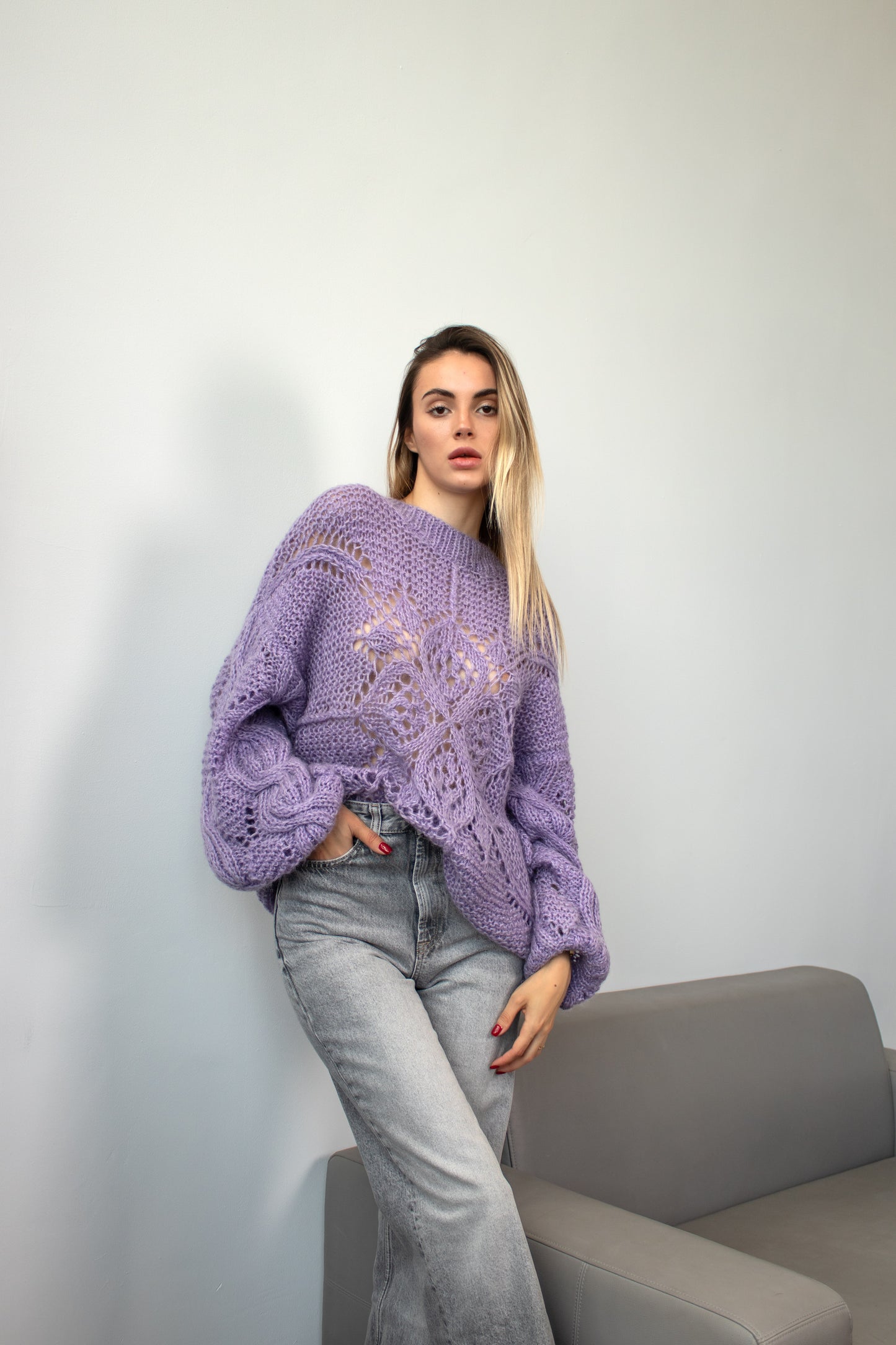 Handmade Lavender Mohair Oversized Sweater – Chunky Knit Violet Pullover with Lace Flower, Crew Neck Jumper