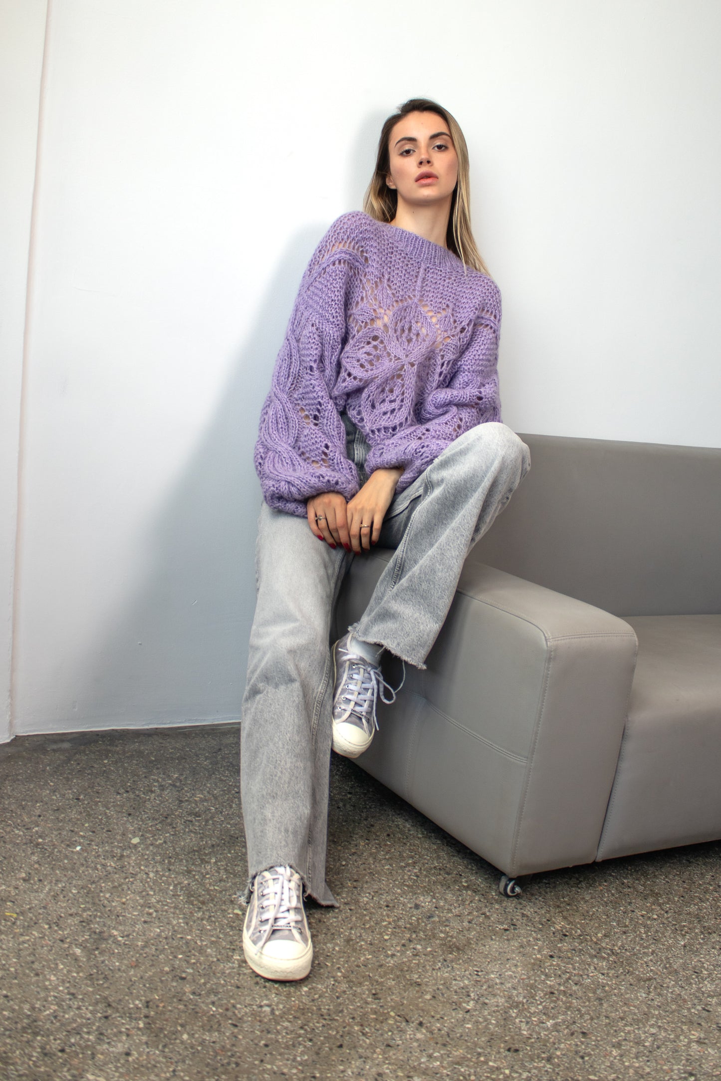 Handmade Lavender Mohair Oversized Sweater – Chunky Knit Violet Pullover with Lace Flower, Crew Neck Jumper