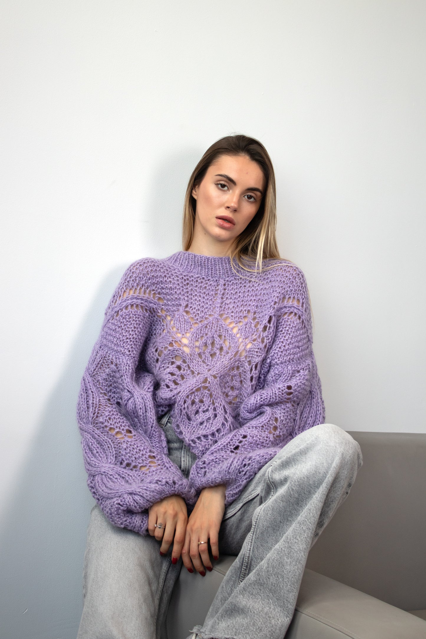 Handmade Lavender Mohair Oversized Sweater – Chunky Knit Violet Pullover with Lace Flower, Crew Neck Jumper