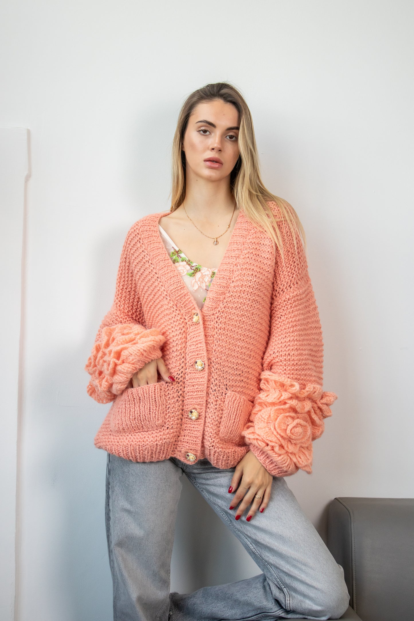 Handmade Oversized Mohair Cardigan Bomber With Crochet Roses – Salmon Pink Women's Jacket