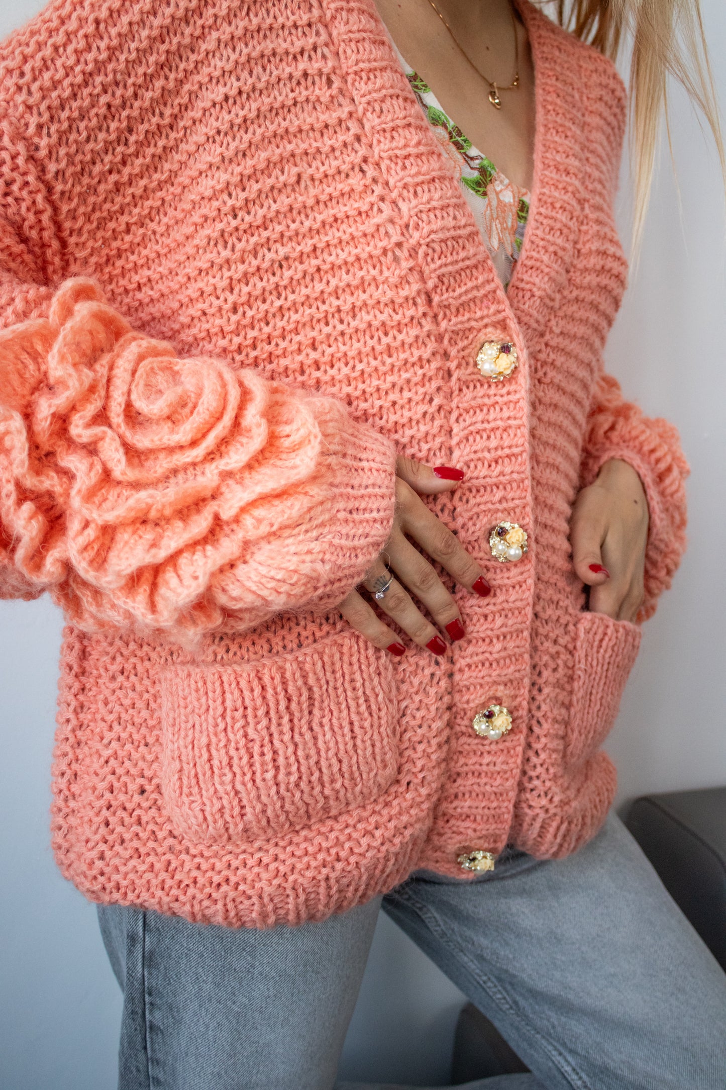 Handmade Oversized Mohair Cardigan Bomber With Crochet Roses – Salmon Pink Women's Jacket