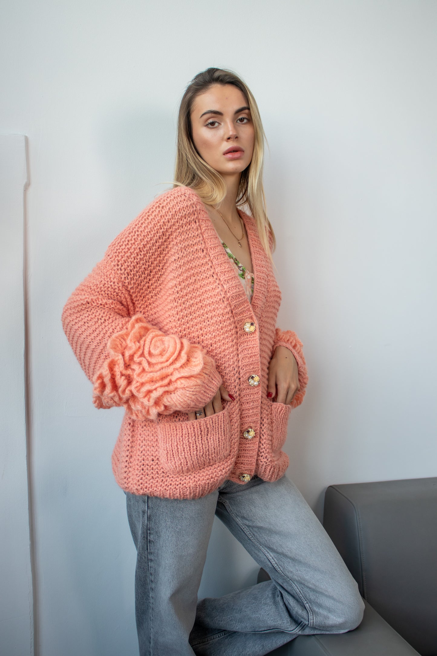 Handmade Oversized Mohair Cardigan Bomber With Crochet Roses – Salmon Pink Women's Jacket