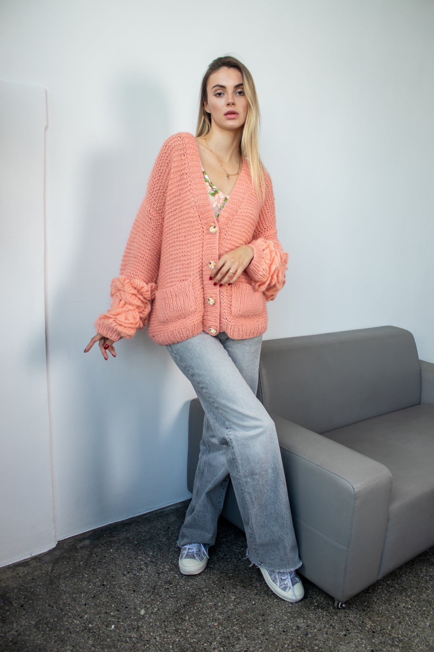 Handmade Oversized Mohair Cardigan Bomber With Crochet Roses – Salmon Pink Women's Jacket